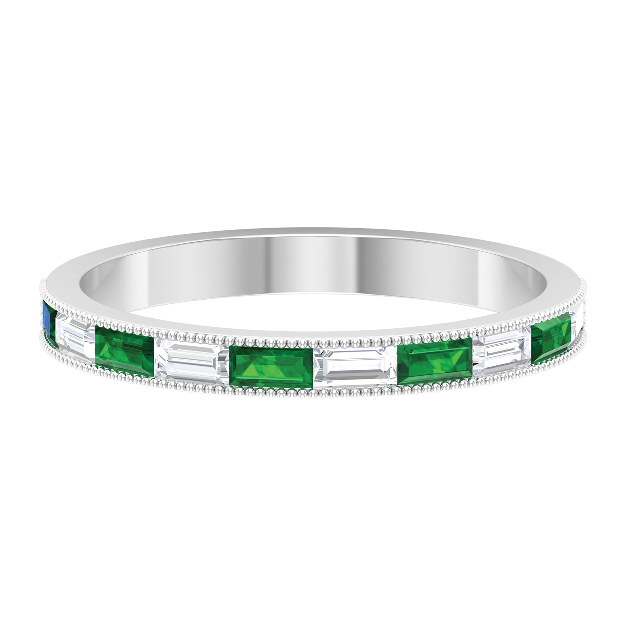 Baguette Cut Lab Grown Emerald and Diamond Band Ring Lab Created Emerald - ( AAAA ) - Quality - Rosec Jewels