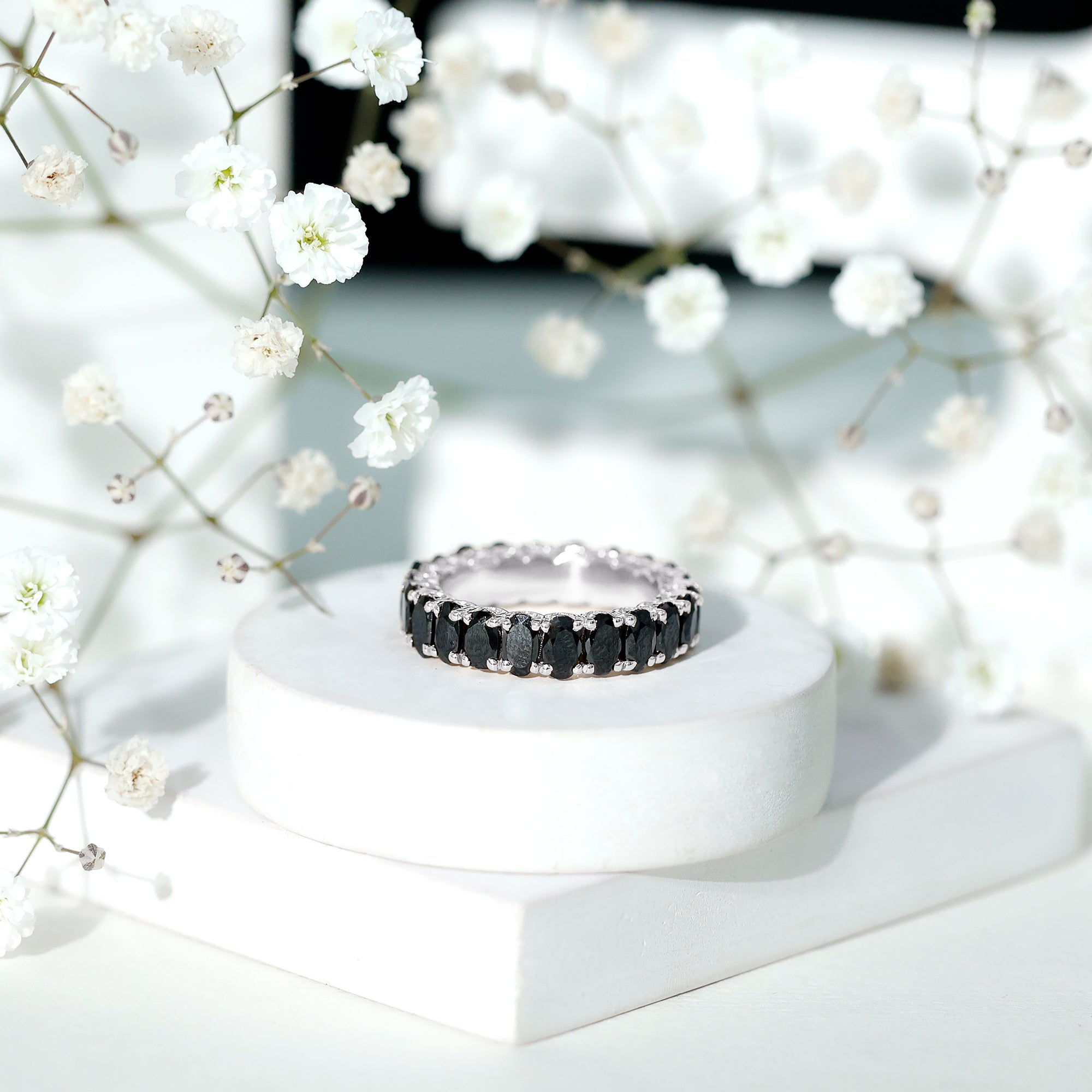 Oval Shaped Black Onyx Wedding Band for Women AAA - Rosec Jewels