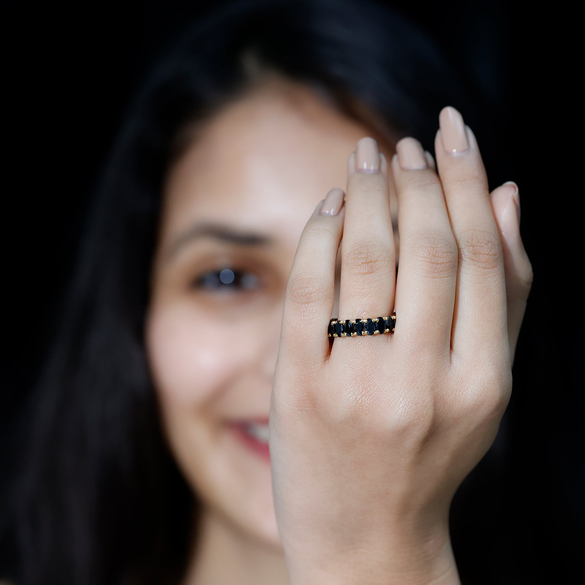 Oval Shaped Black Onyx Wedding Band for Women AAA - Rosec Jewels
