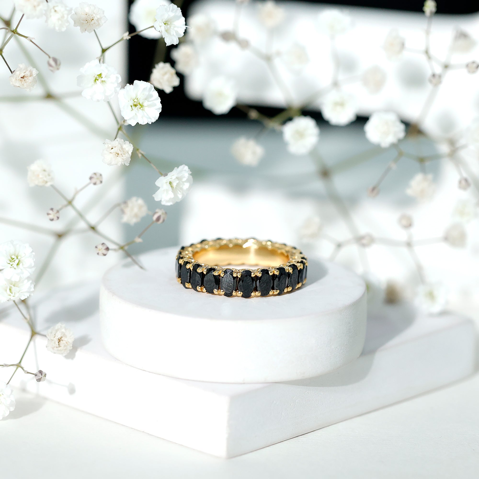Oval Shaped Black Onyx Wedding Band for Women AAA - Rosec Jewels