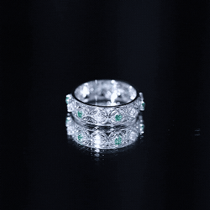 Lab Emerald and Diamond Vintage Wedding Band Ring AAAA - Rosec Jewels