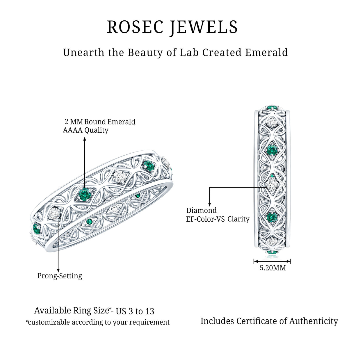 Lab Emerald and Diamond Vintage Wedding Band Ring AAAA - Rosec Jewels