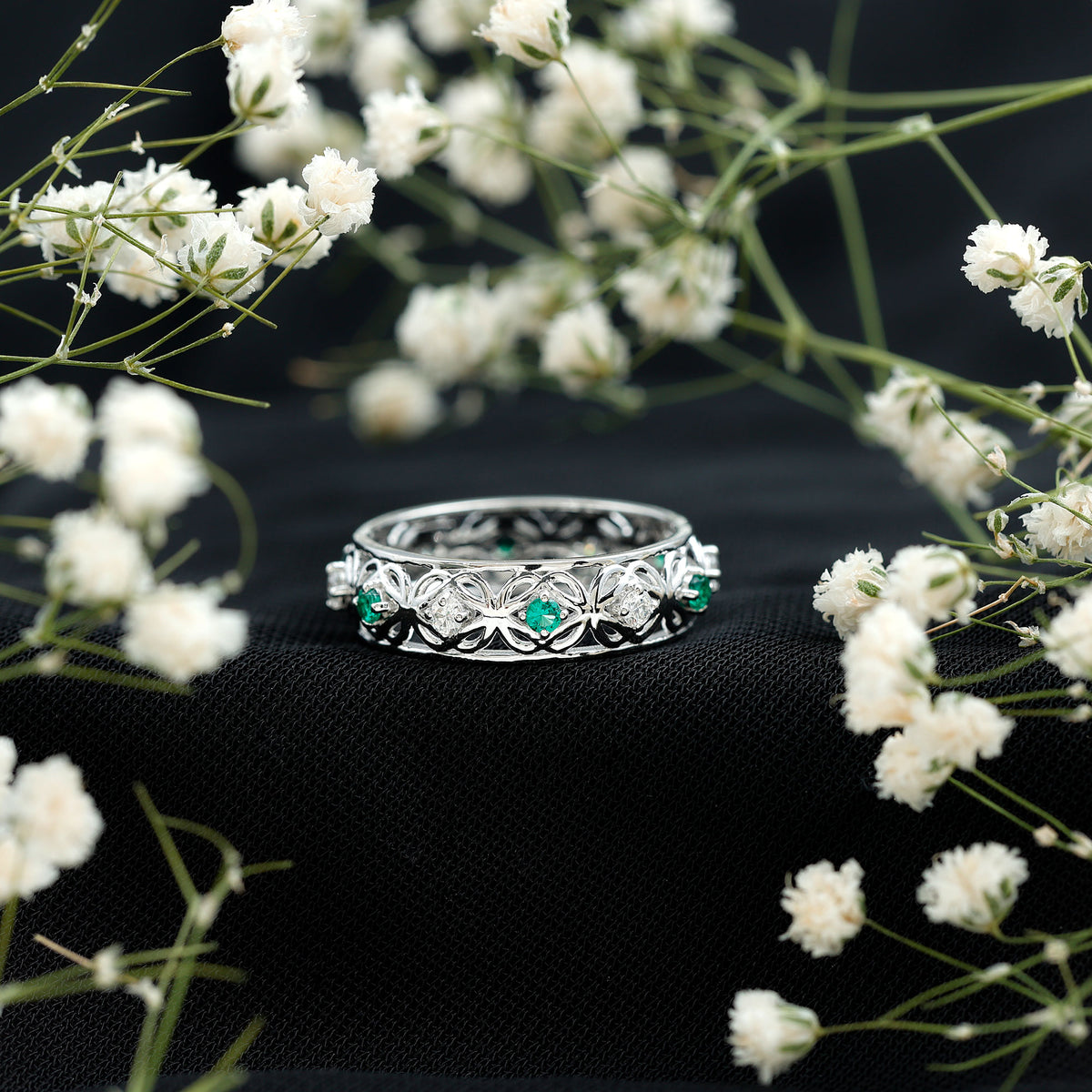Lab Emerald and Diamond Vintage Wedding Band Ring AAAA - Rosec Jewels