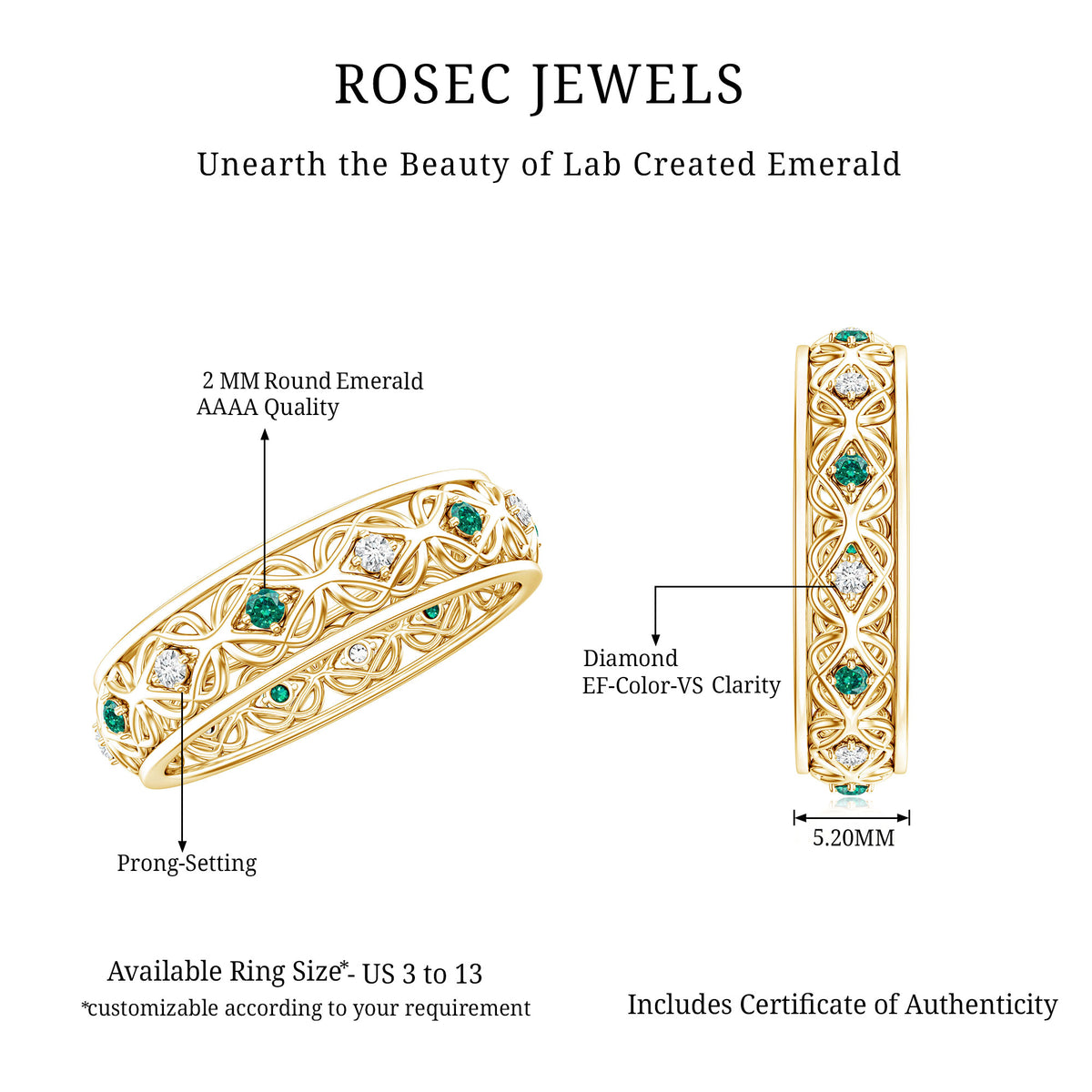 Lab Emerald and Diamond Vintage Wedding Band Ring AAAA - Rosec Jewels