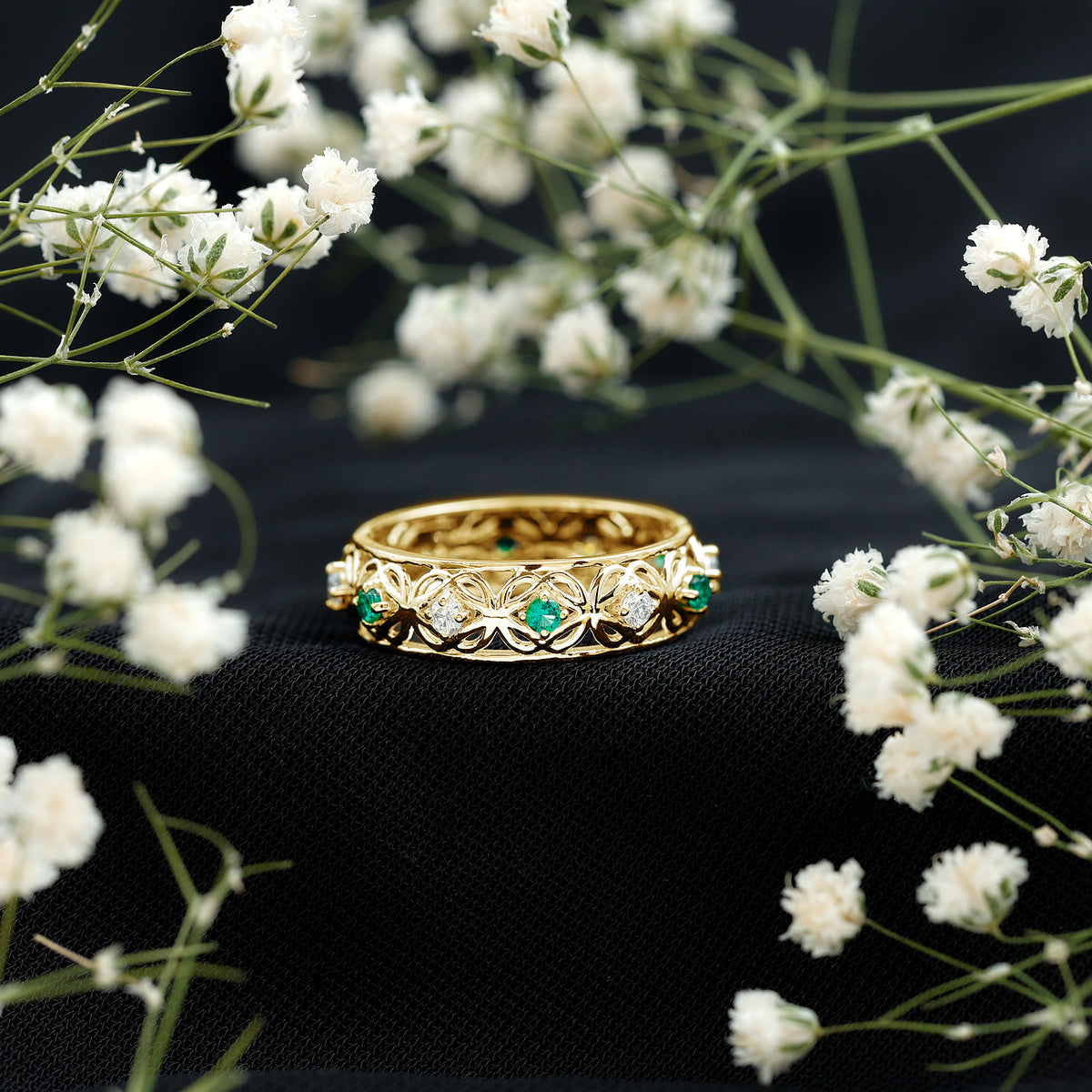 Lab Emerald and Diamond Vintage Wedding Band Ring AAAA - Rosec Jewels