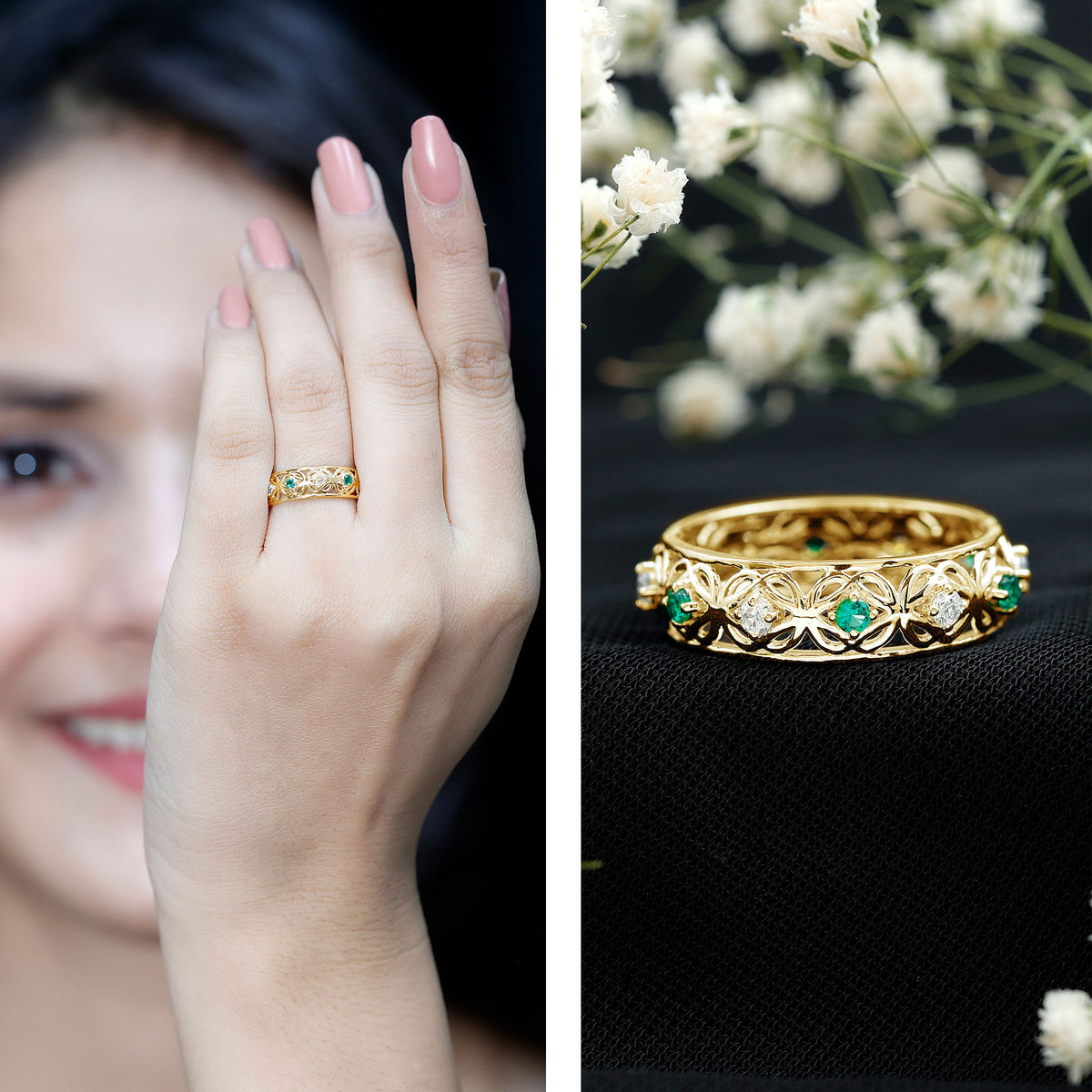 Lab Emerald and Diamond Vintage Wedding Band Ring AAAA - Rosec Jewels