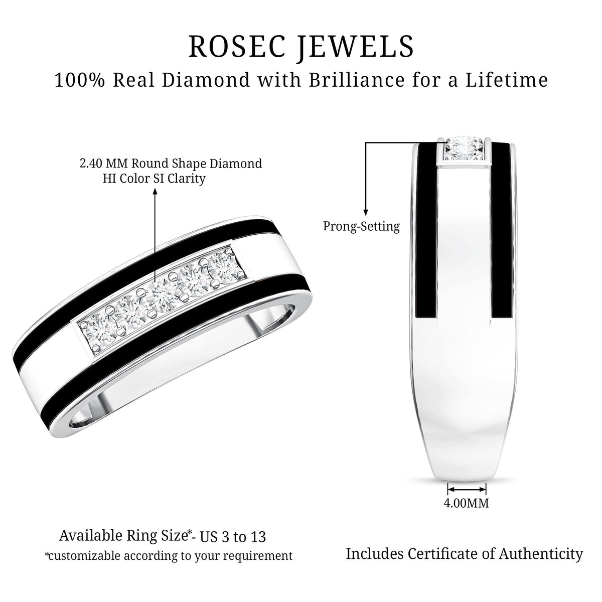 Certified Real Diamond Wedding Band with Black Enamel Natural - ( HI-SI ) - Rosec Jewels