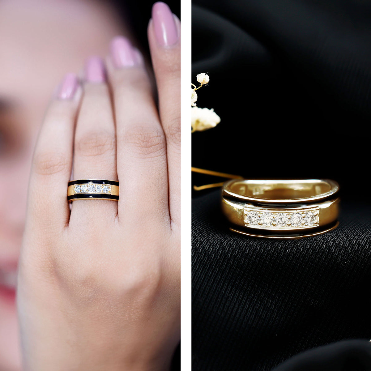 Certified Real Diamond Wedding Band with Black Enamel Natural - ( HI-SI ) - Rosec Jewels