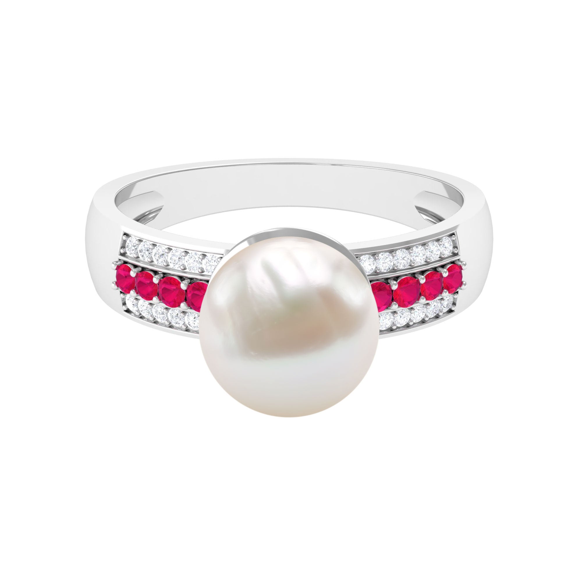 Solitaire Freshwater Pearl Engagement Ring with Moissanite and Ruby Side Stones Freshwater Pearl - ( AAA ) - Quality - Rosec Jewels