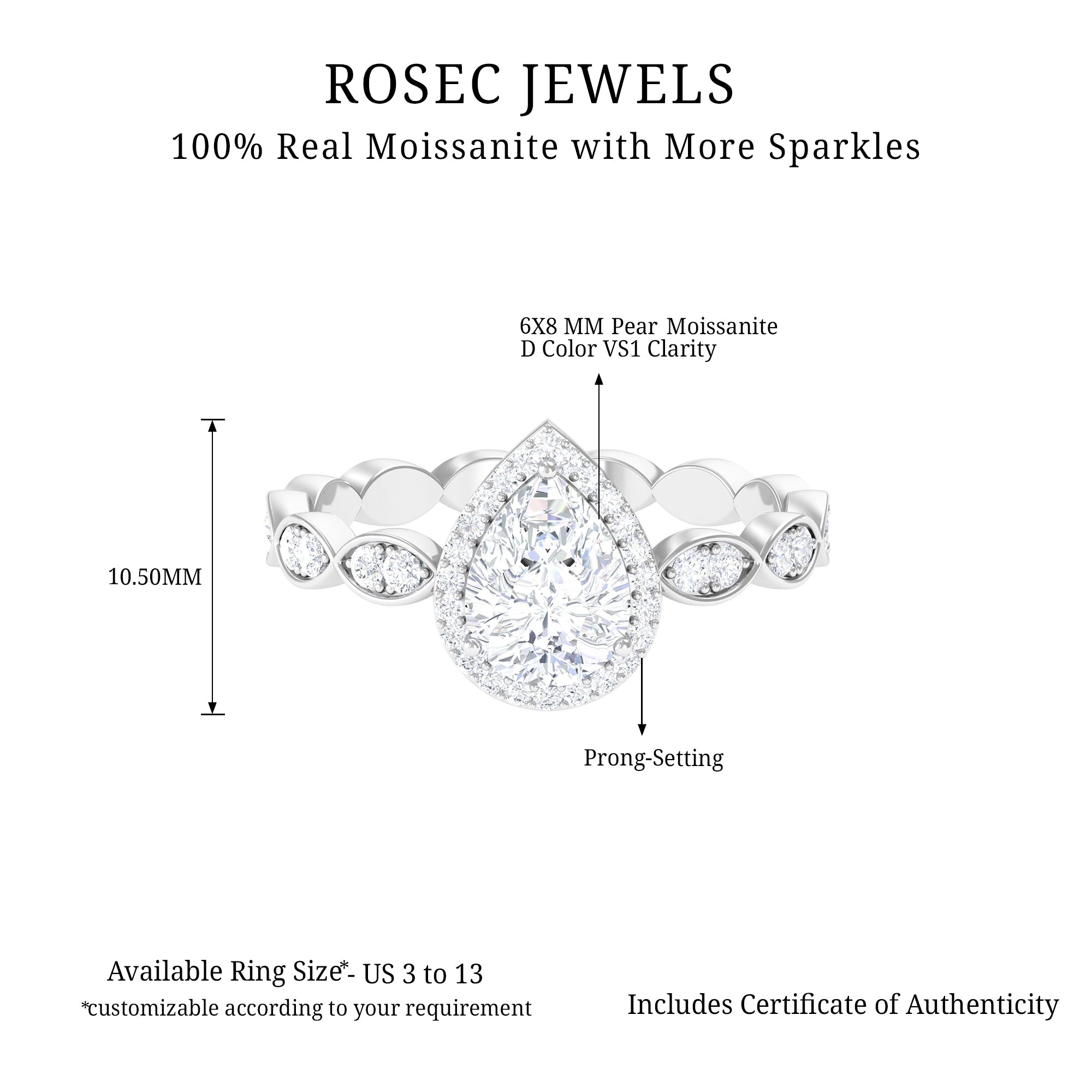 1.75 CT Classic Moissanite Teardrop Engagement Ring Moissanite - ( D-VS1 ) - Color and Clarity - Rosec Jewels