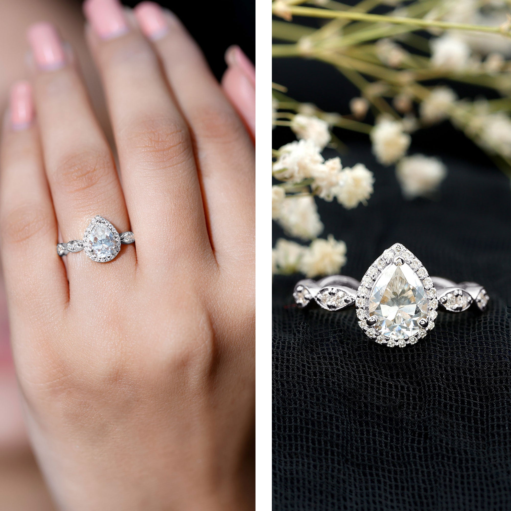Rosec Jewels-Moissanite Teardrop Engagement Ring with Scalloped Shank