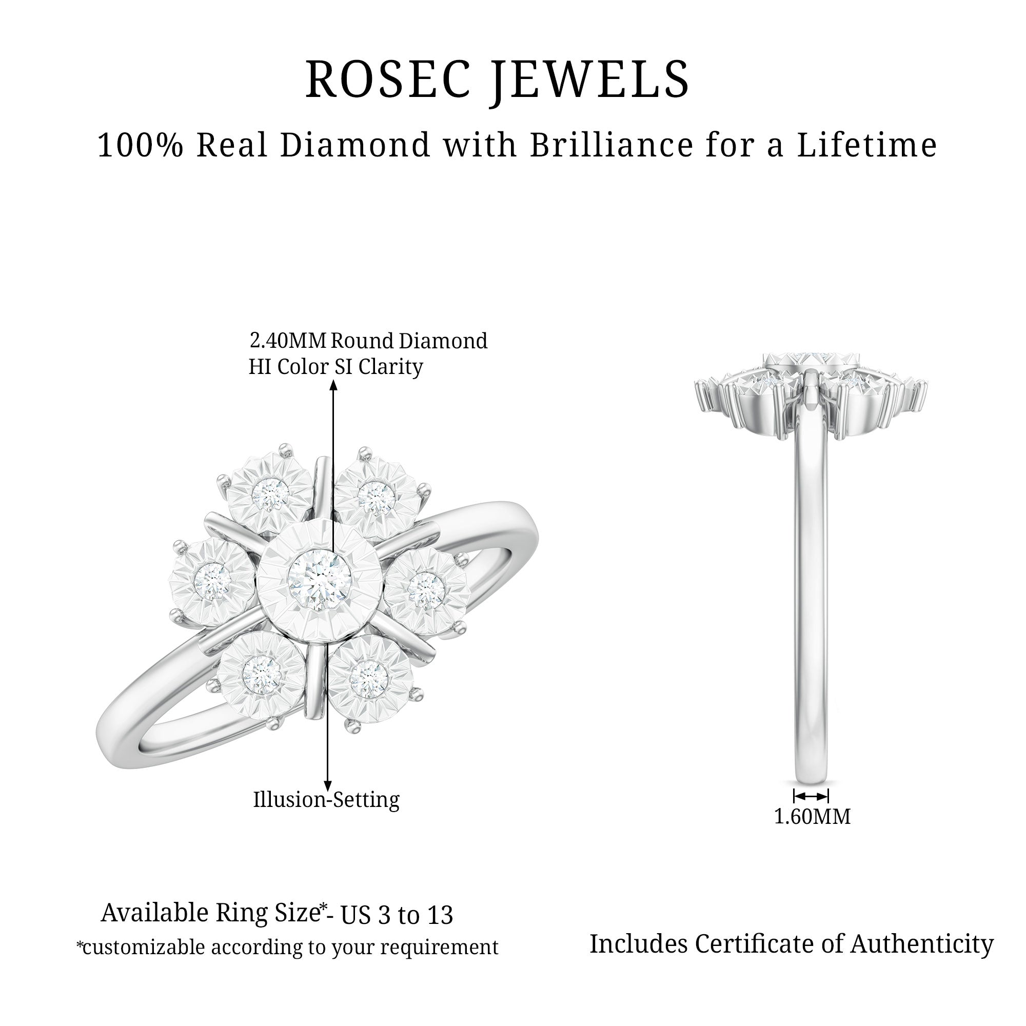 Natural Diamond Cluster Engagement Ring in Illusion Setting Natural - ( HI-SI ) - Rosec Jewels