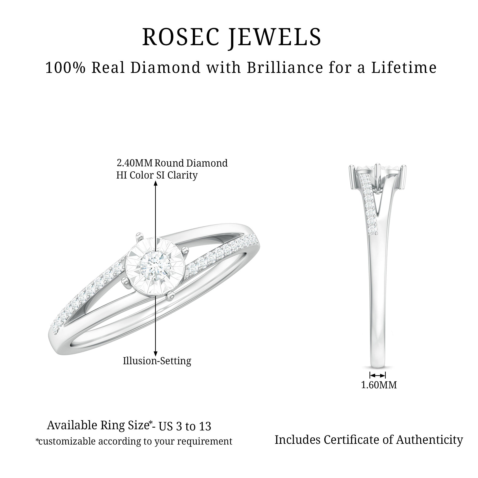 Natural Diamond Engagement Ring with Split Shank Natural - ( HI-SI ) - Rosec Jewels