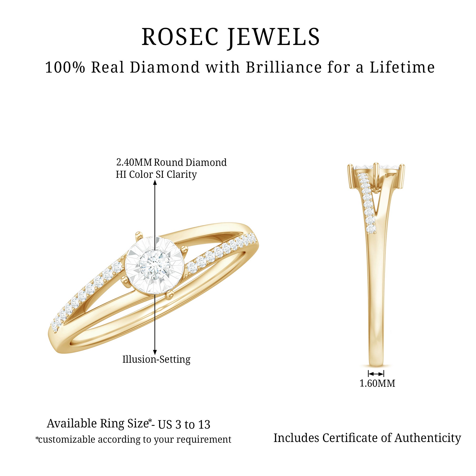 Natural Diamond Engagement Ring with Split Shank Natural - ( HI-SI ) - Rosec Jewels