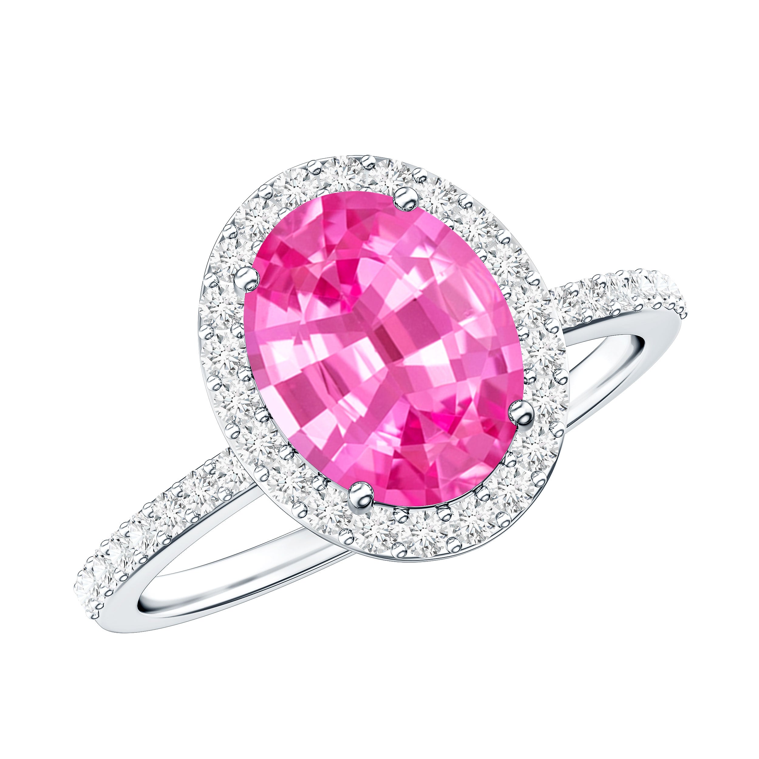 Oval Cut Created Pink Sapphire and Diamond Halo Ring AAAA - Rosec Jewels