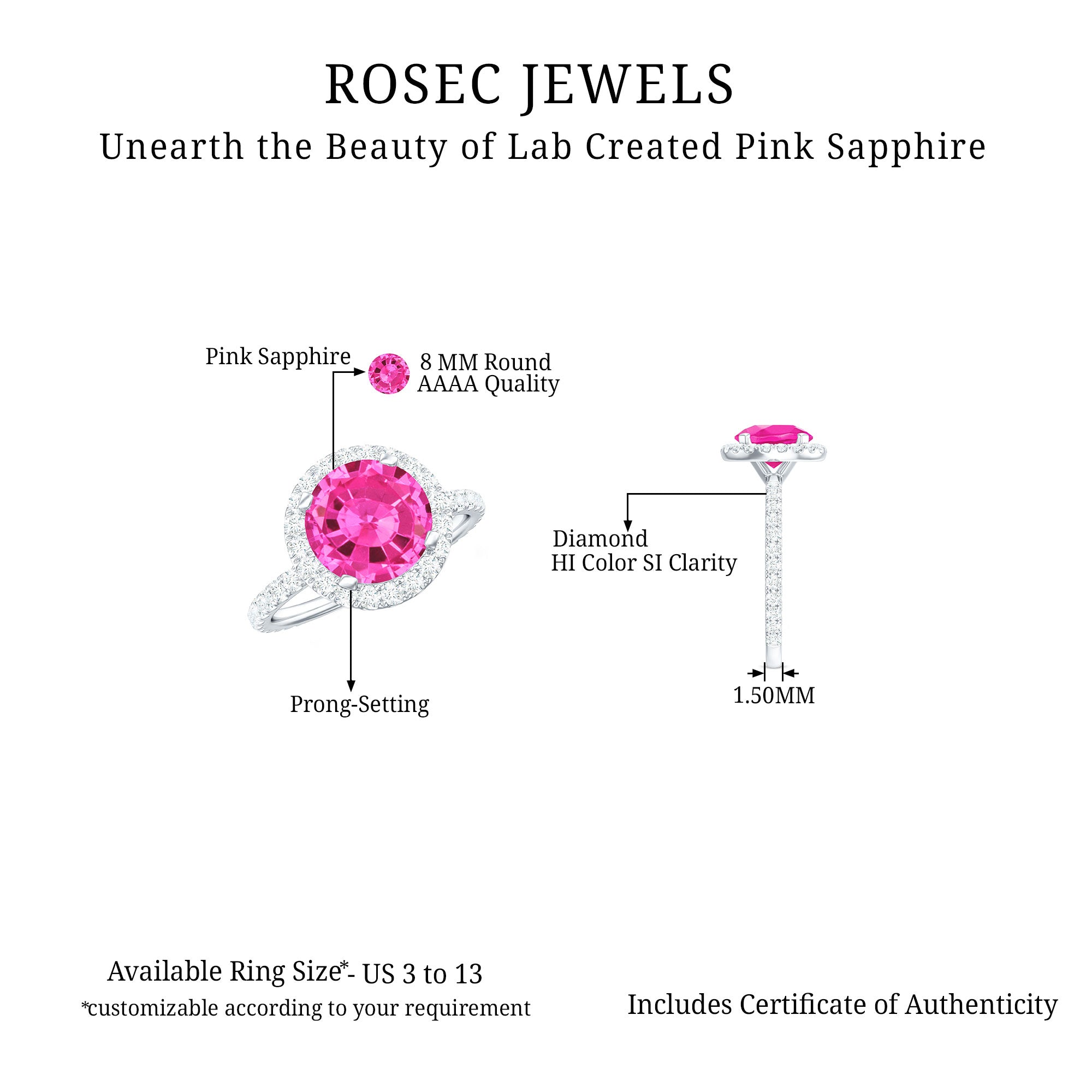 Round Lab Created Pink Sapphire Halo Engagement Ring with Diamond Lab Created Pink Sapphire - ( AAAA ) - Quality - Rosec Jewels