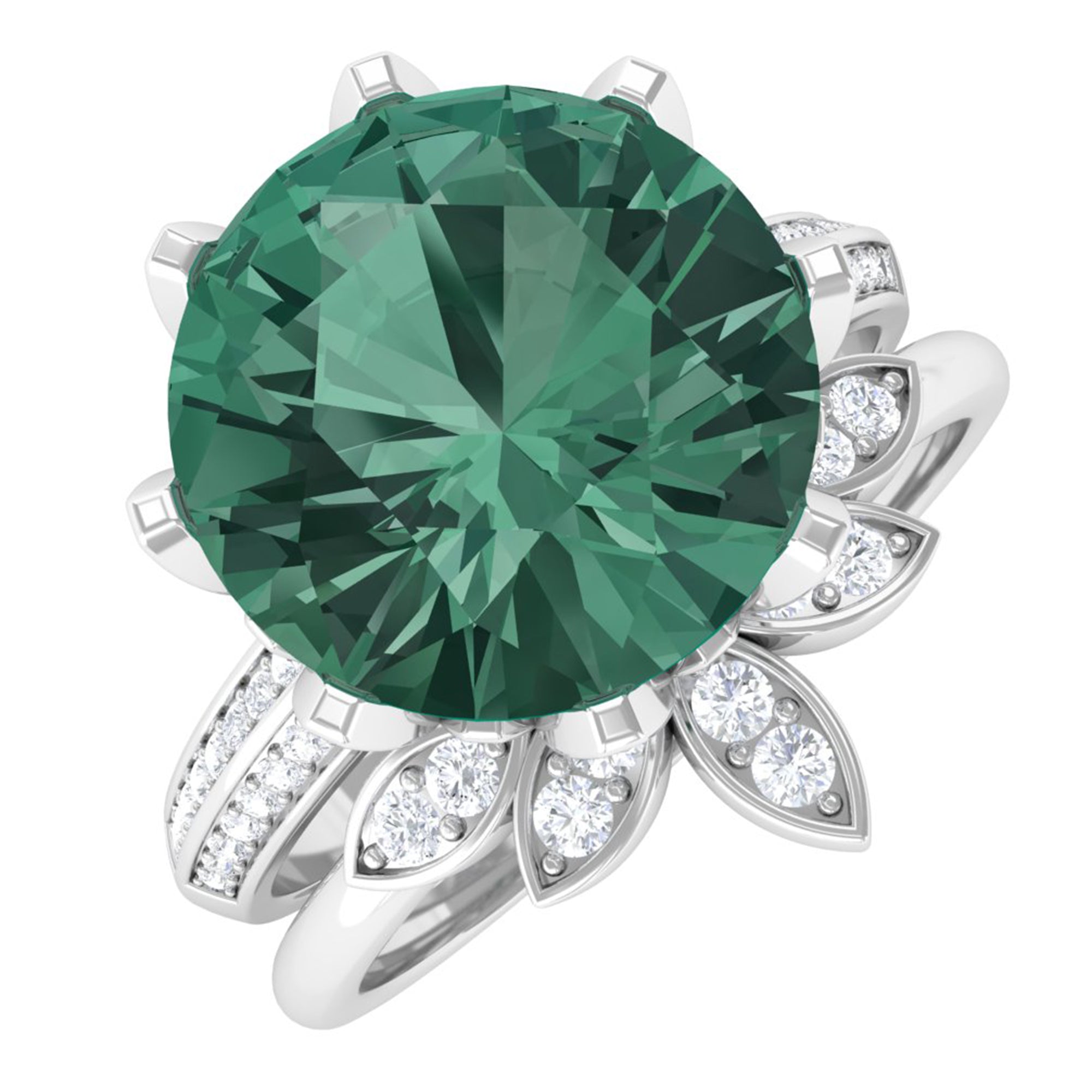 Created Green Sapphire Flower Wedding Ring Set with Moissanite Lab Created Green Sapphire - ( AAAA ) - Quality - Rosec Jewels