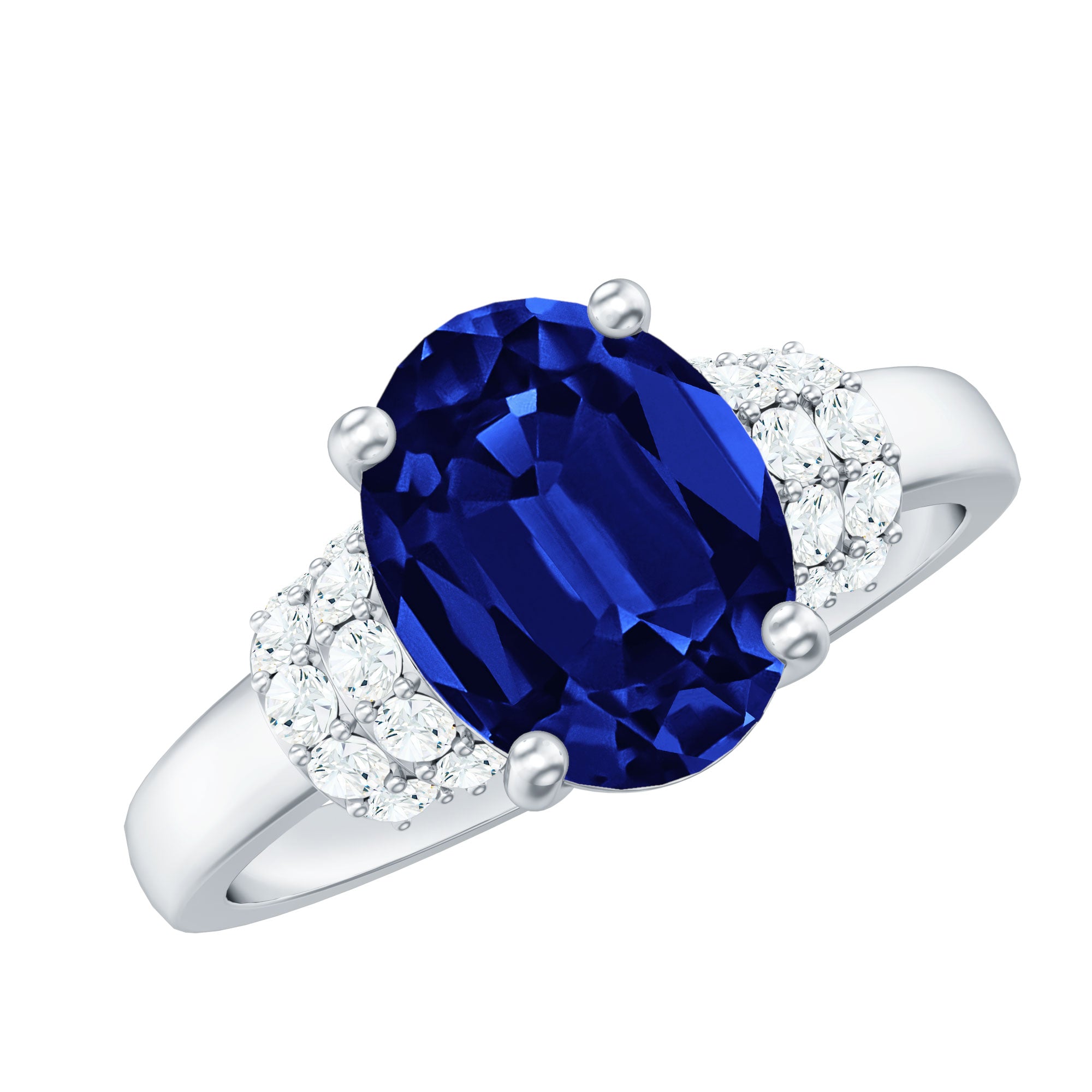Oval Created Blue Sapphire Engagement Ring with Diamond Collar