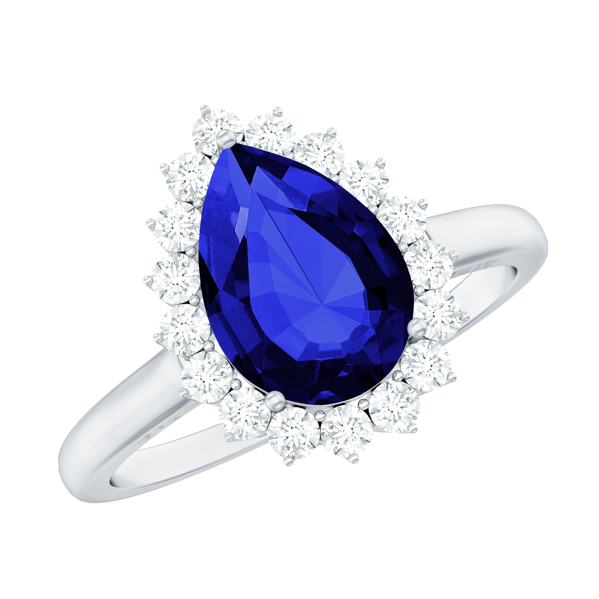 Created Blue Sapphire and Diamond Halo Teardrop Ring