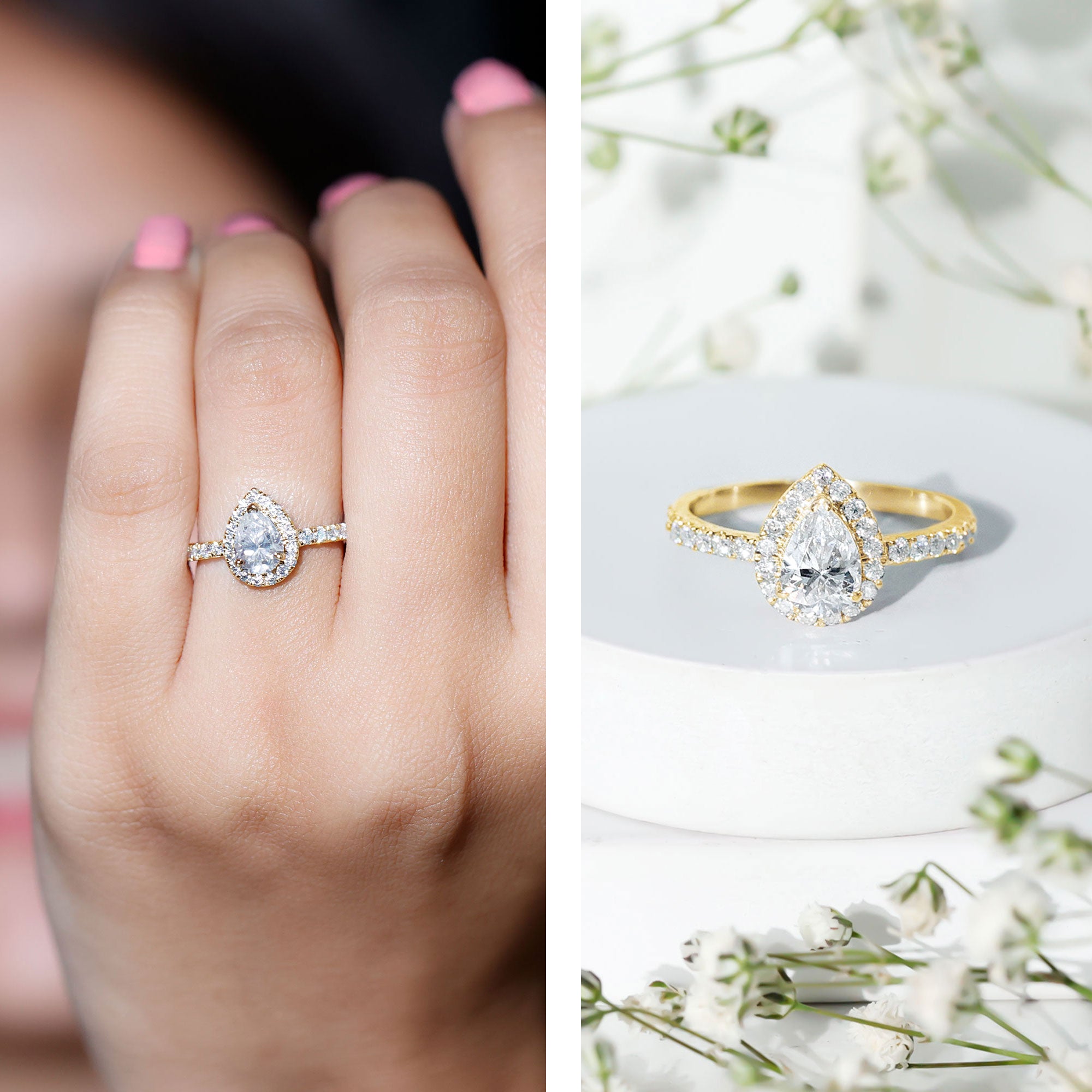 Certified Lab Grown Diamond Teardrop Halo Engagement Ring Lab - ( EF-VS ) - Rosec Jewels