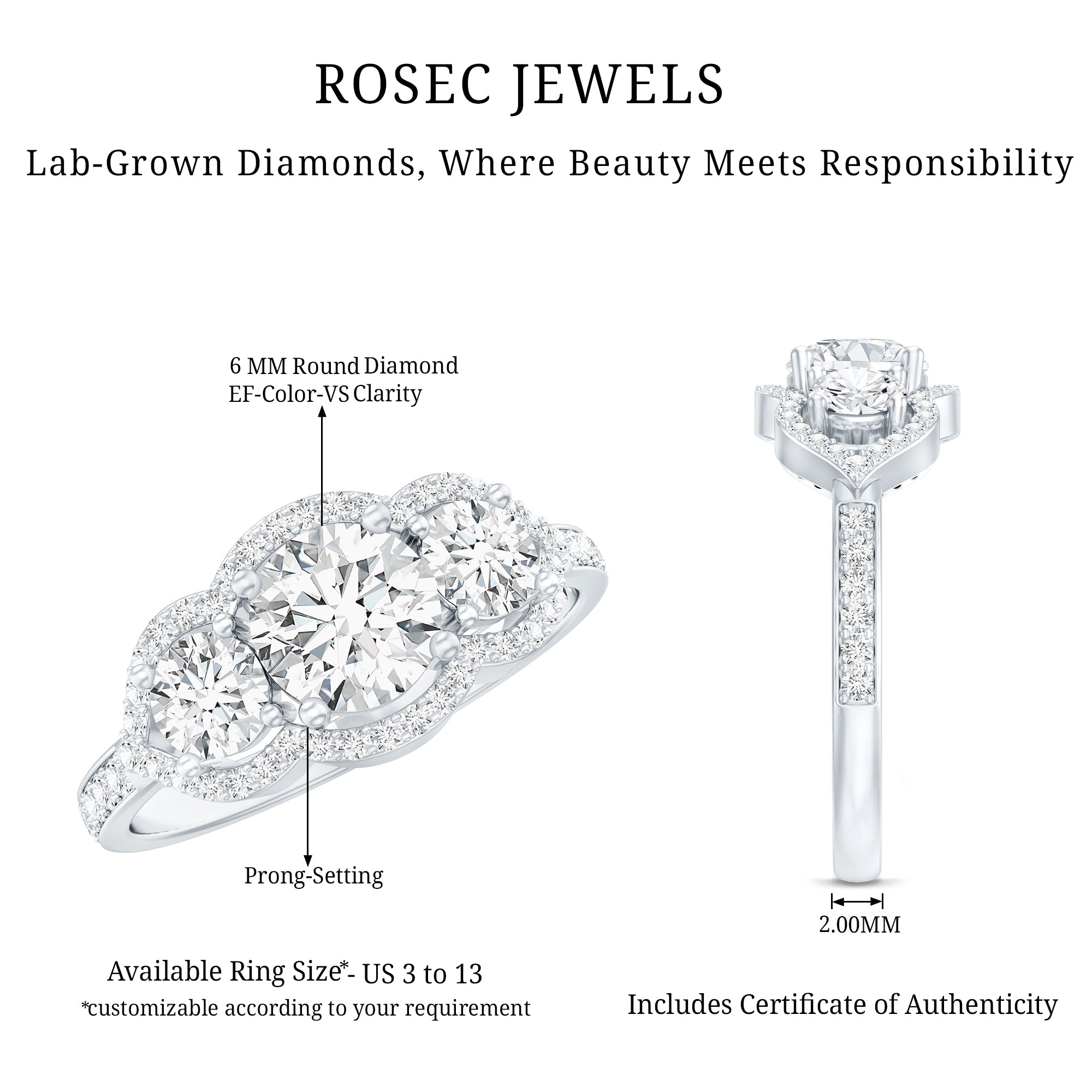 Certified Lab Grown Diamond 3 Stone Engagement Ring Lab - ( EF-VS ) - Rosec Jewels