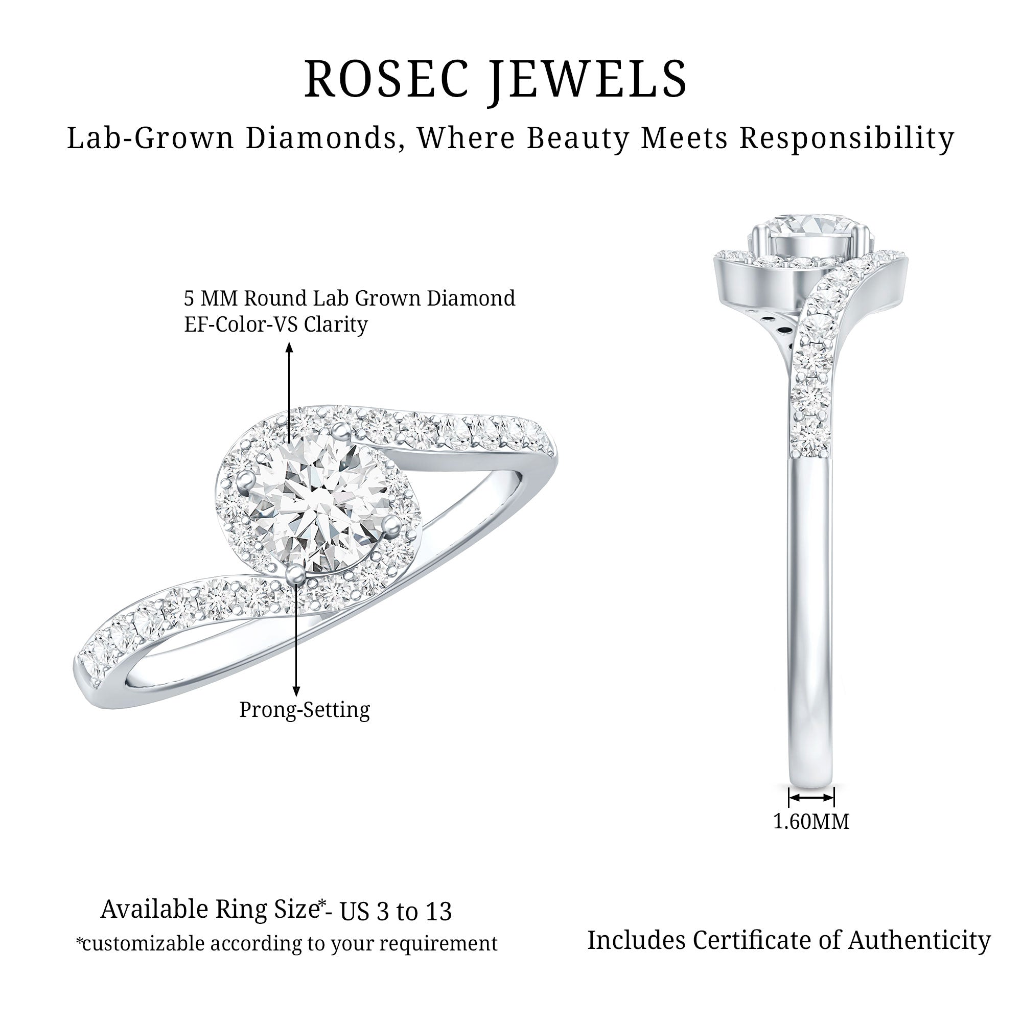 Certified 5 MM Lab Grown Diamond Bypass Engagement Ring Lab - ( EF-VS ) - Rosec Jewels