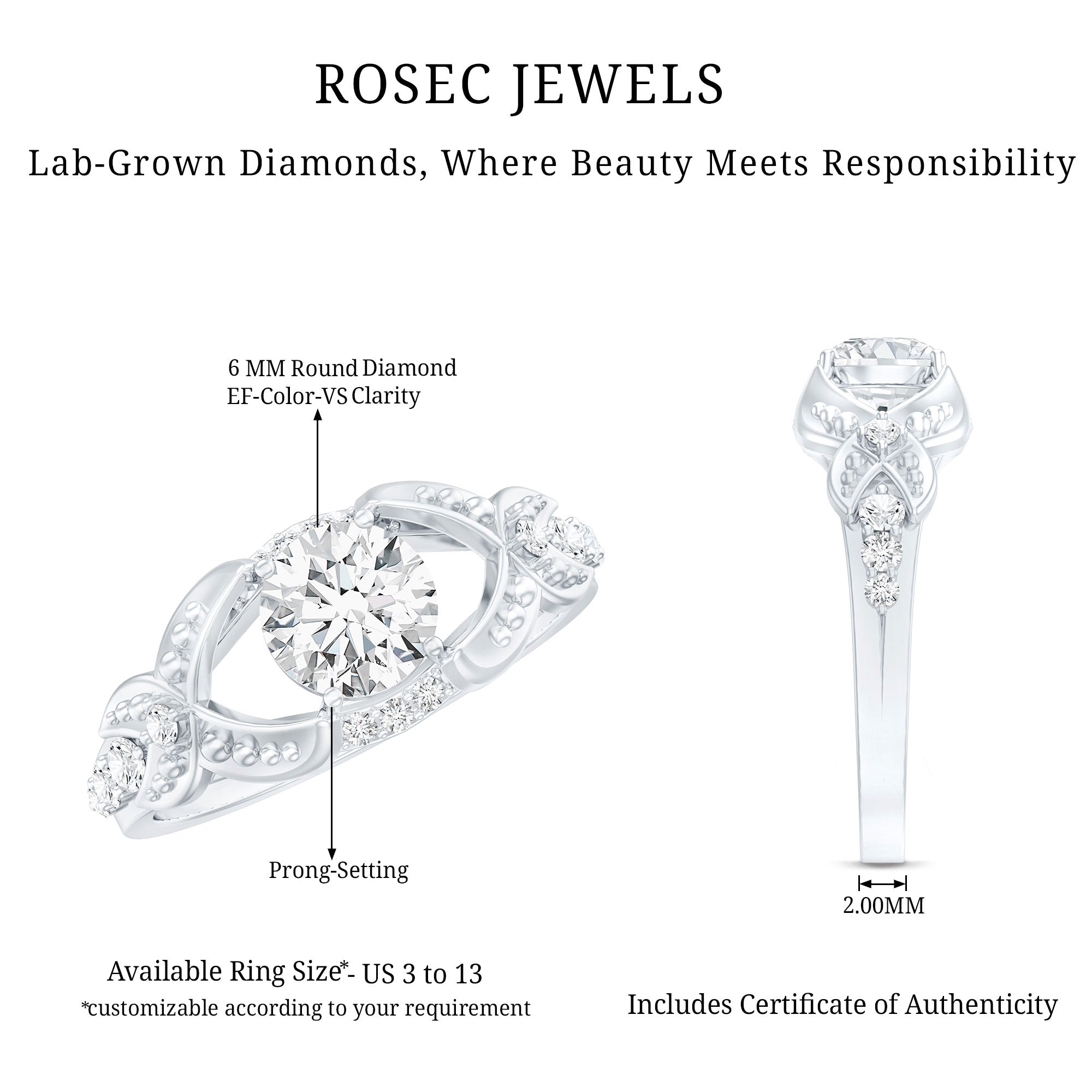 Certified 6 MM Lab Grown Diamond Vintage Inspired Engagement Ring Lab - ( EF-VS ) - Rosec Jewels