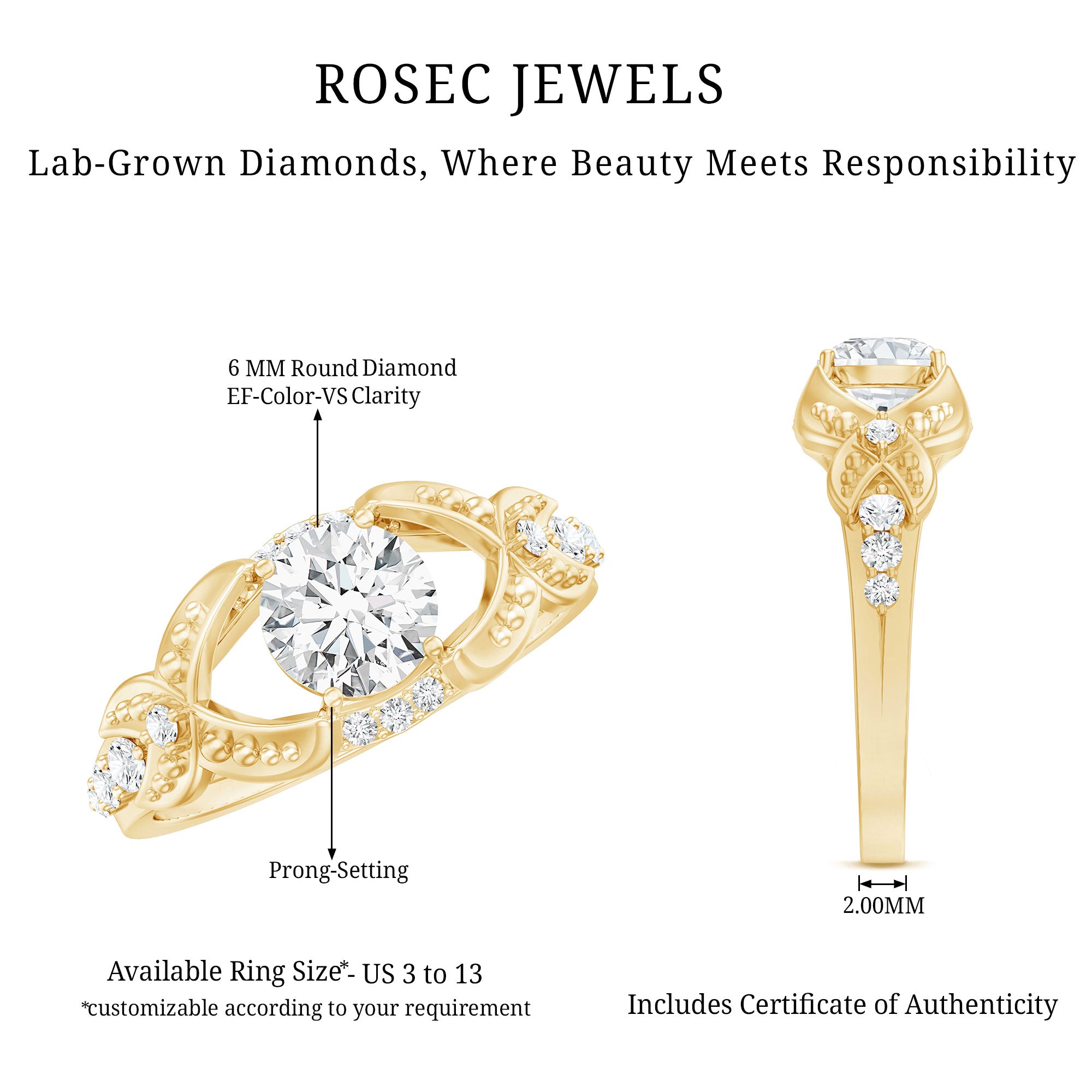 Certified 6 MM Lab Grown Diamond Vintage Inspired Engagement Ring Lab - ( EF-VS ) - Rosec Jewels