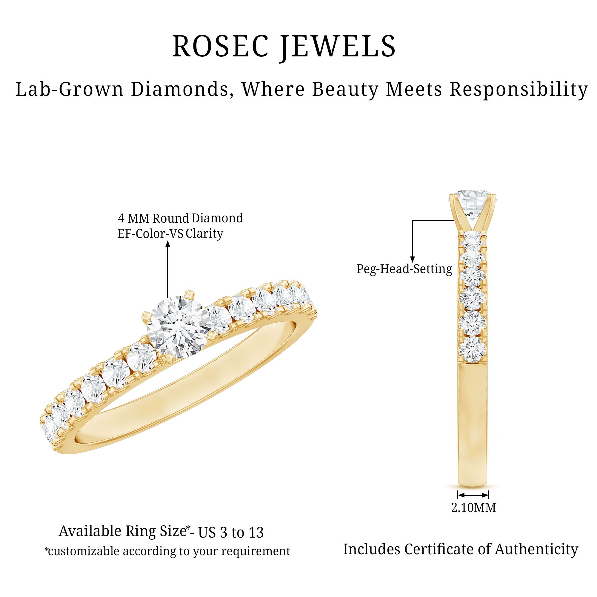 Certified Lab Grown Diamond Engagement Ring with Side Stones Lab - ( EF-VS ) - Rosec Jewels