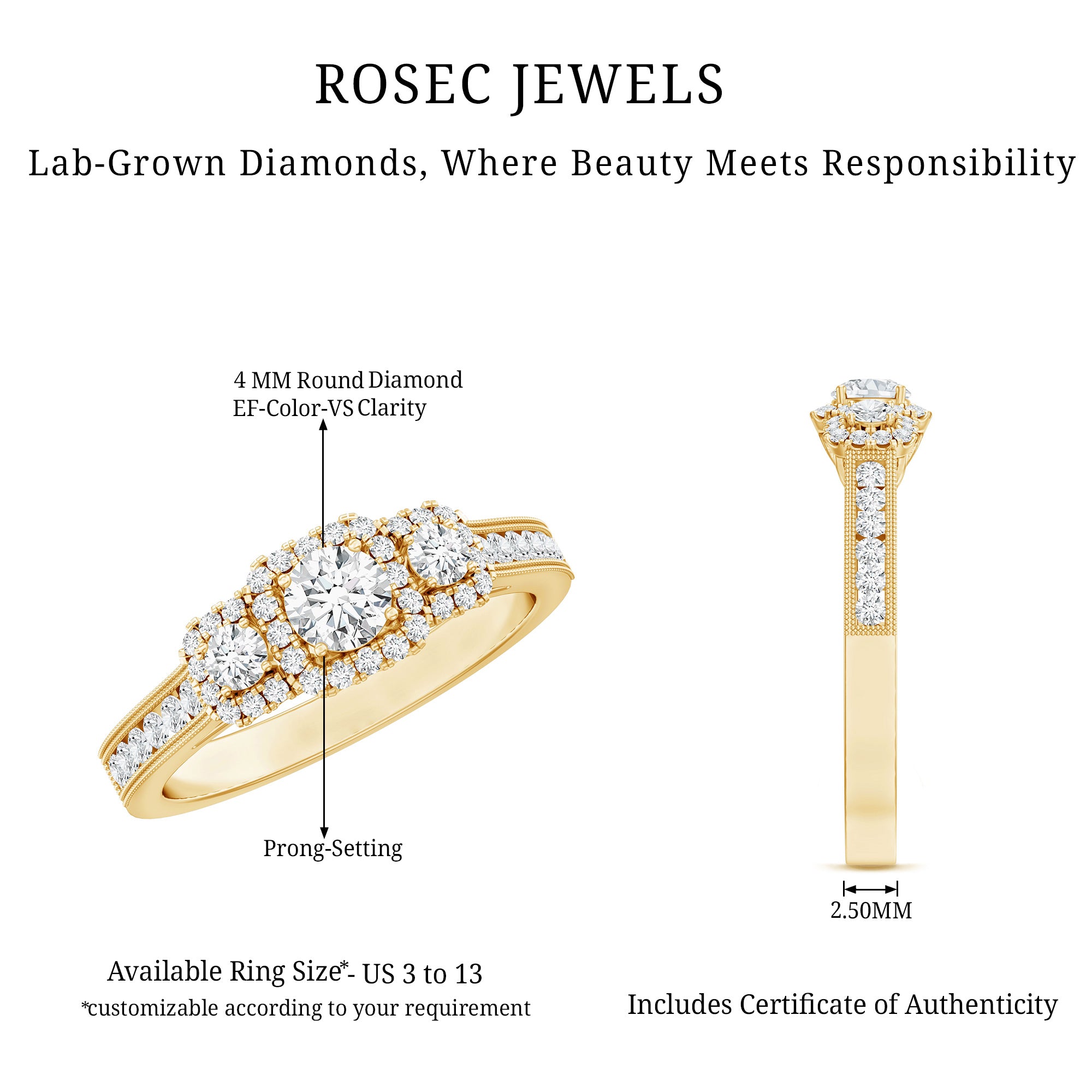 Certified Lab Grown Diamond Three Stone Engagement Ring Lab - ( EF-VS ) - Rosec Jewels