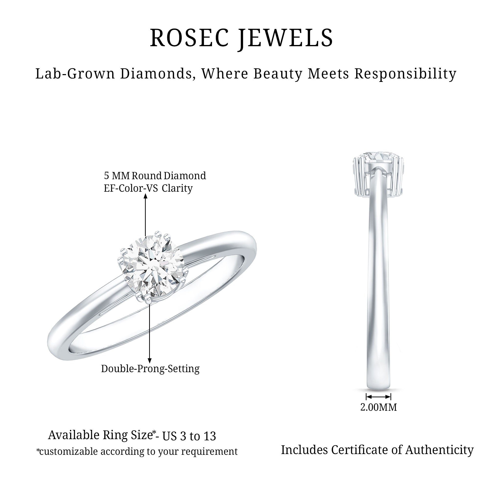 Certified 5 MM Lab Grown Diamond Solitaire Promise Ring Lab - ( EF-VS ) - Rosec Jewels