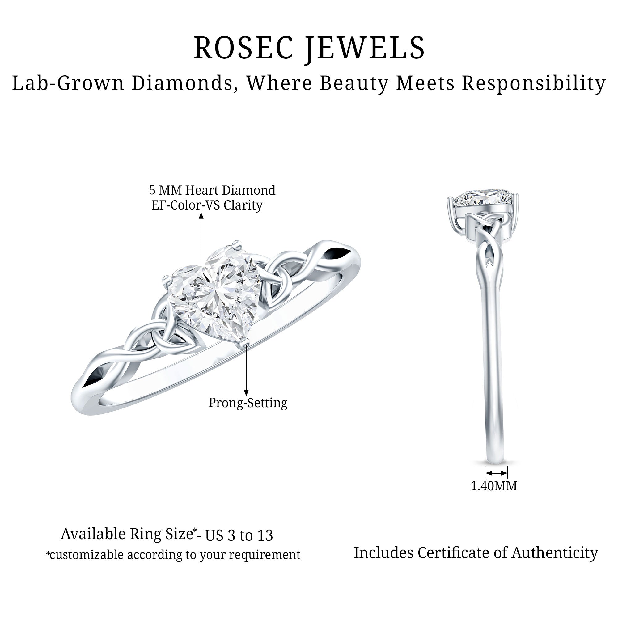 Certified Lab Grown Diamond 5 MM Heart Promise Ring Lab - ( EF-VS ) - Rosec Jewels