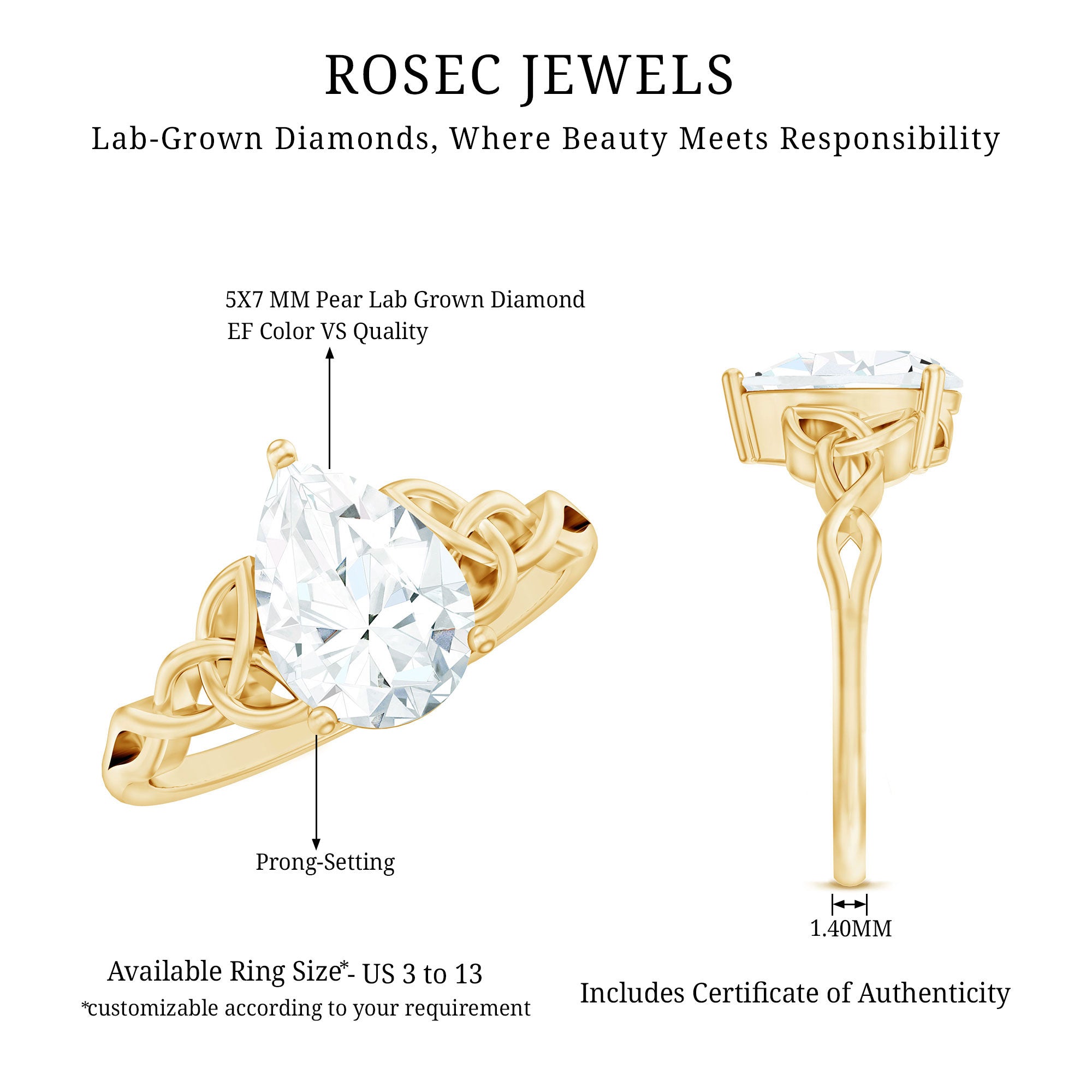Lab Grown Diamond 5X7 MM Teardrop Solitaire Engagement Ring Lab - ( EF-VS ) - Rosec Jewels