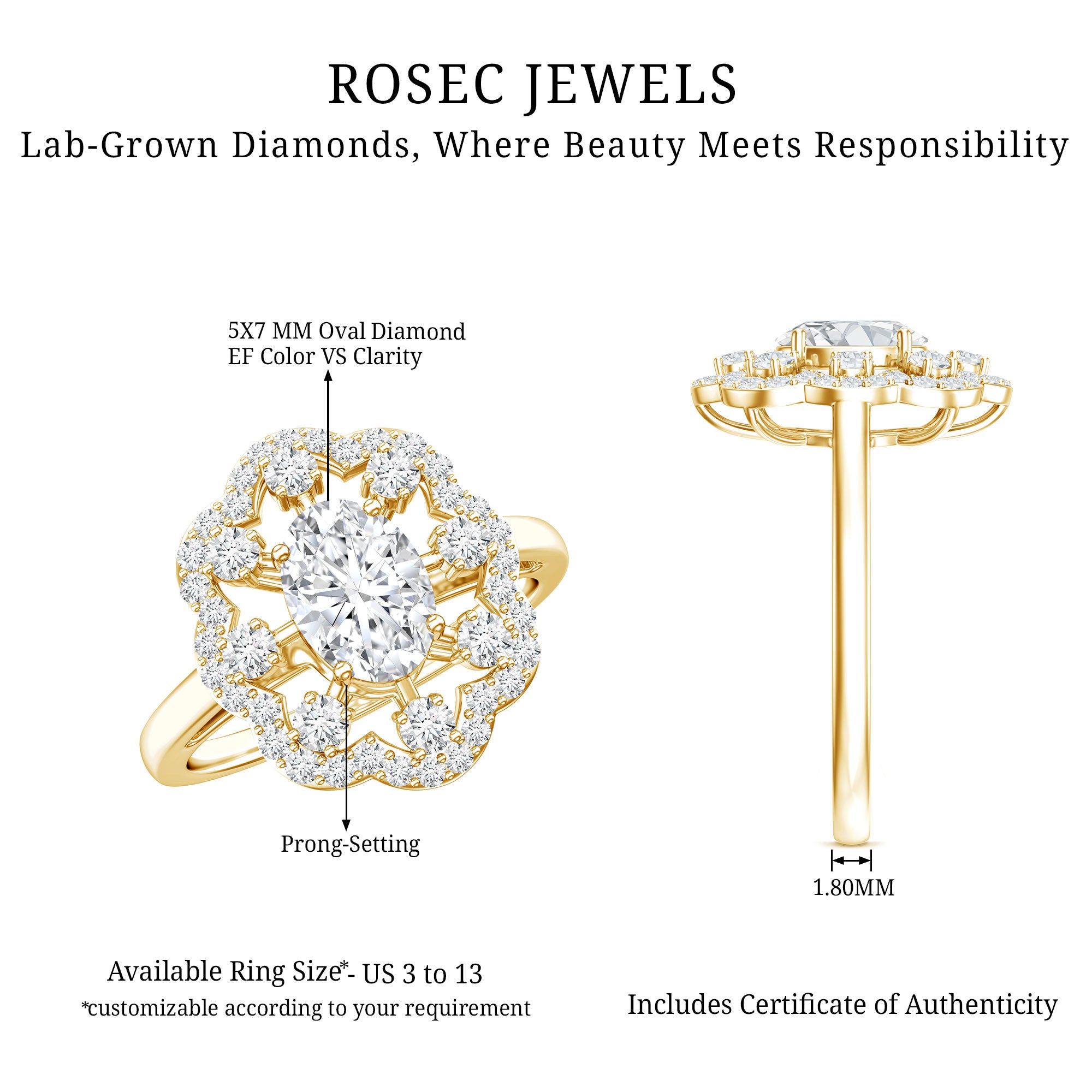 Certified Lab Grown Diamond Statement Engagement Ring Lab - ( EF-VS ) - Rosec Jewels