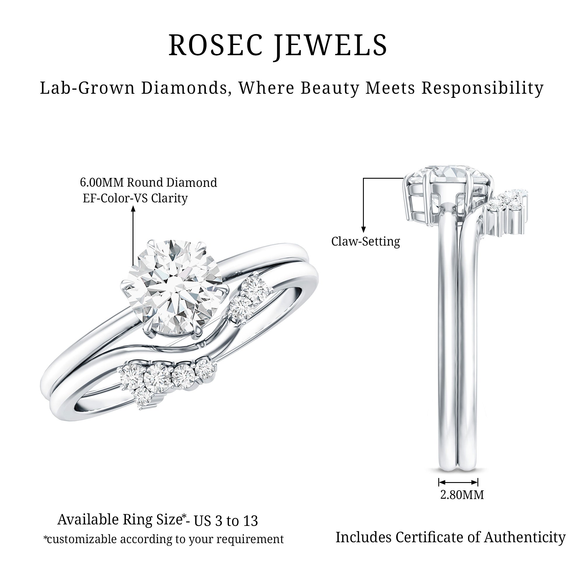 Certified 6 MM Lab Grown Diamond Designer Bridal Ring Set Lab - ( EF-VS ) - Rosec Jewels