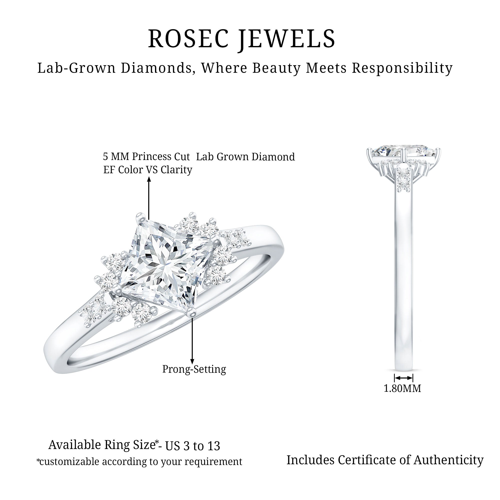 Certified 5 MM Lab Grown Diamond Princess Cut Engagement Ring Lab - ( EF-VS ) - Rosec Jewels