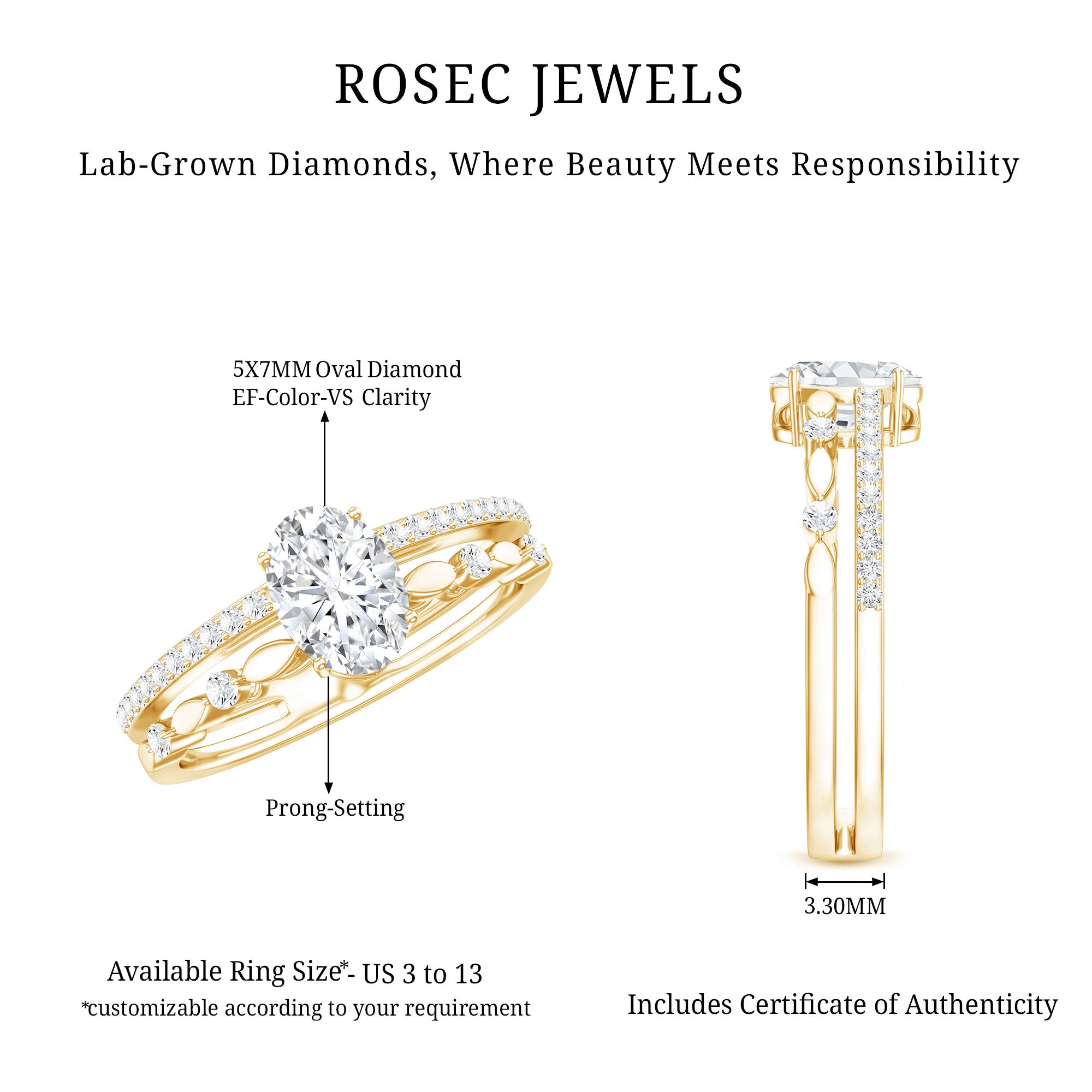 Rosec Jewels-Lab Grown Diamond 5X7 MM Oval Shaped Double Band Engagement Ring