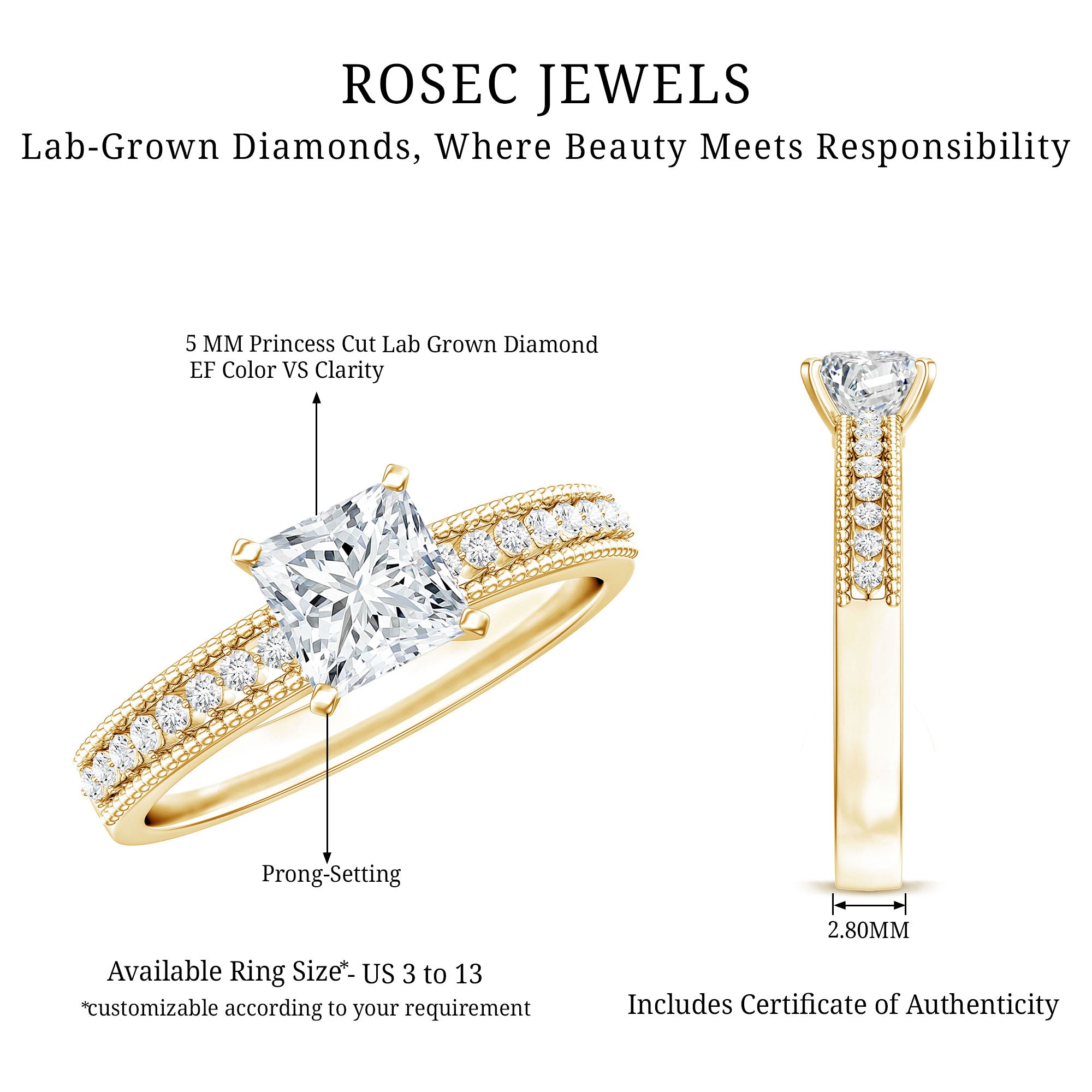 Certified Lab Grown Diamond 5 MM Princess Cut Engagement Ring For Women Lab - ( EF-VS ) - Rosec Jewels