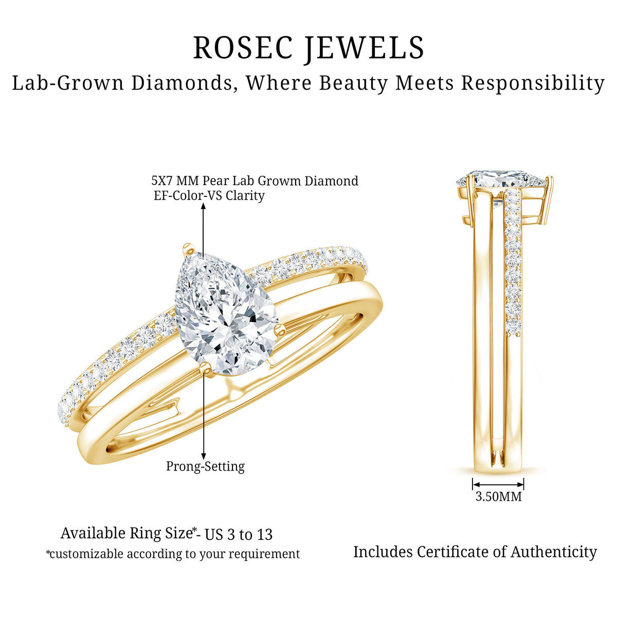Lab Grown Diamond Pear Shaped Solitaire Engagement Ring Lab - ( EF-VS ) - Rosec Jewels