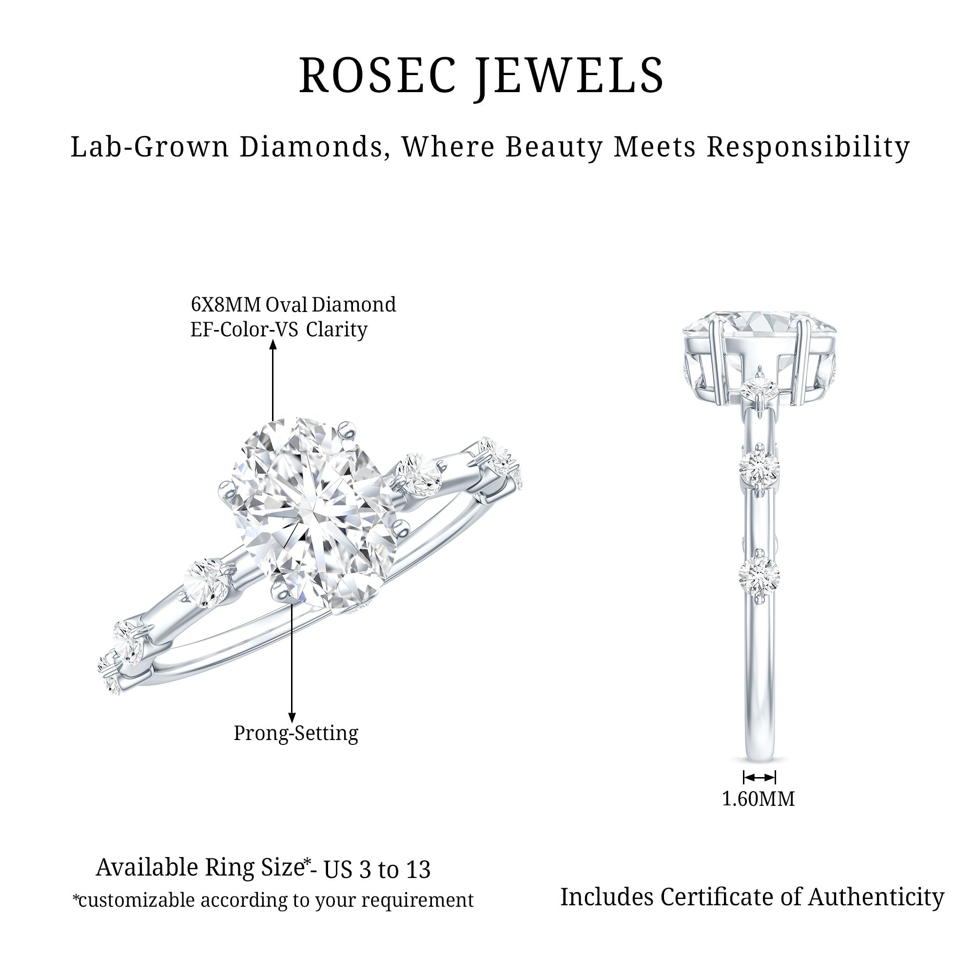 Rosec Jewels-Lab Grown Diamond 6X8 MM Oval Solitaire Engagement Ring