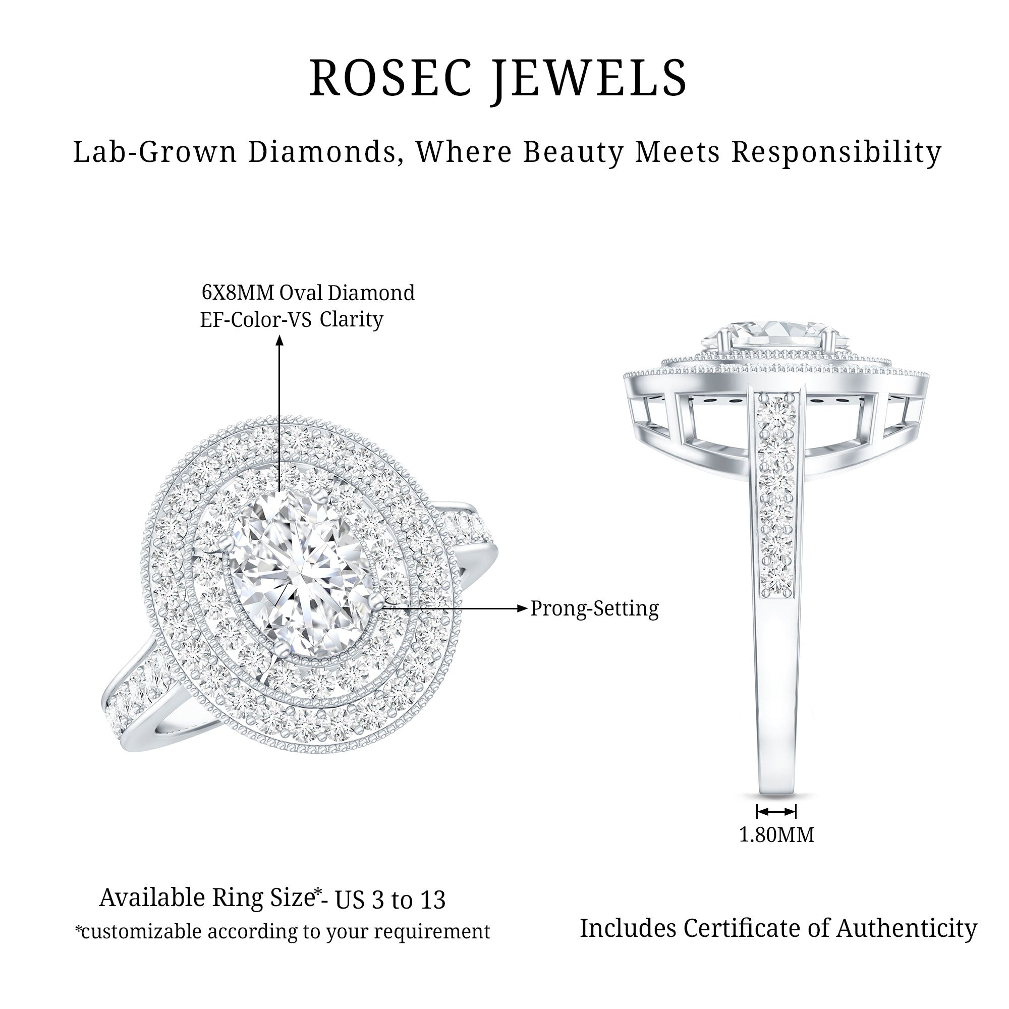 Certified 6X8 MM Oval Lab Grown Diamond Double Halo Engagement Ring Lab - ( EF-VS ) - Rosec Jewels