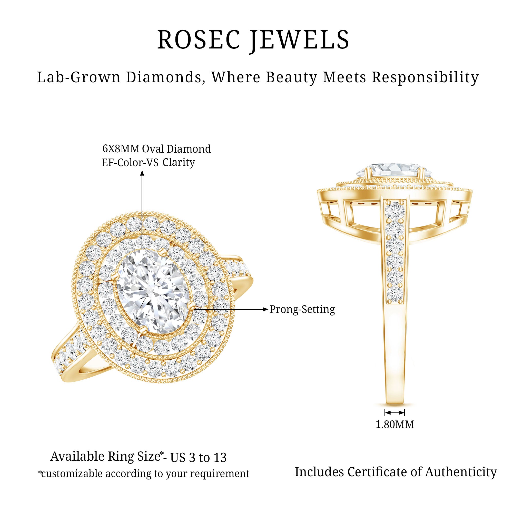 Certified 6X8 MM Oval Lab Grown Diamond Double Halo Engagement Ring Lab - ( EF-VS ) - Rosec Jewels
