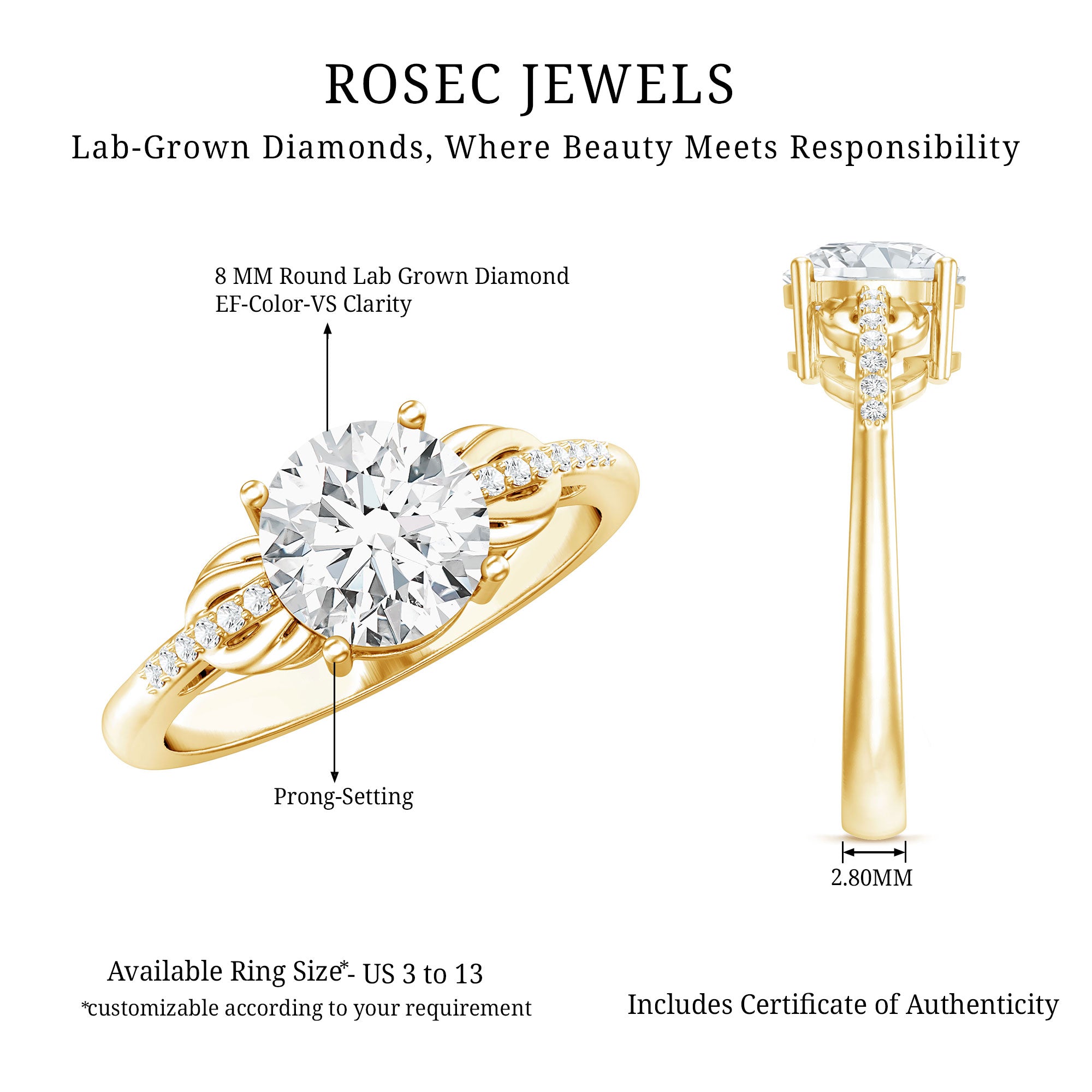 Certified 8 MM Round Lab Grown Diamond Unique Engagement Ring Lab - ( EF-VS ) - Rosec Jewels