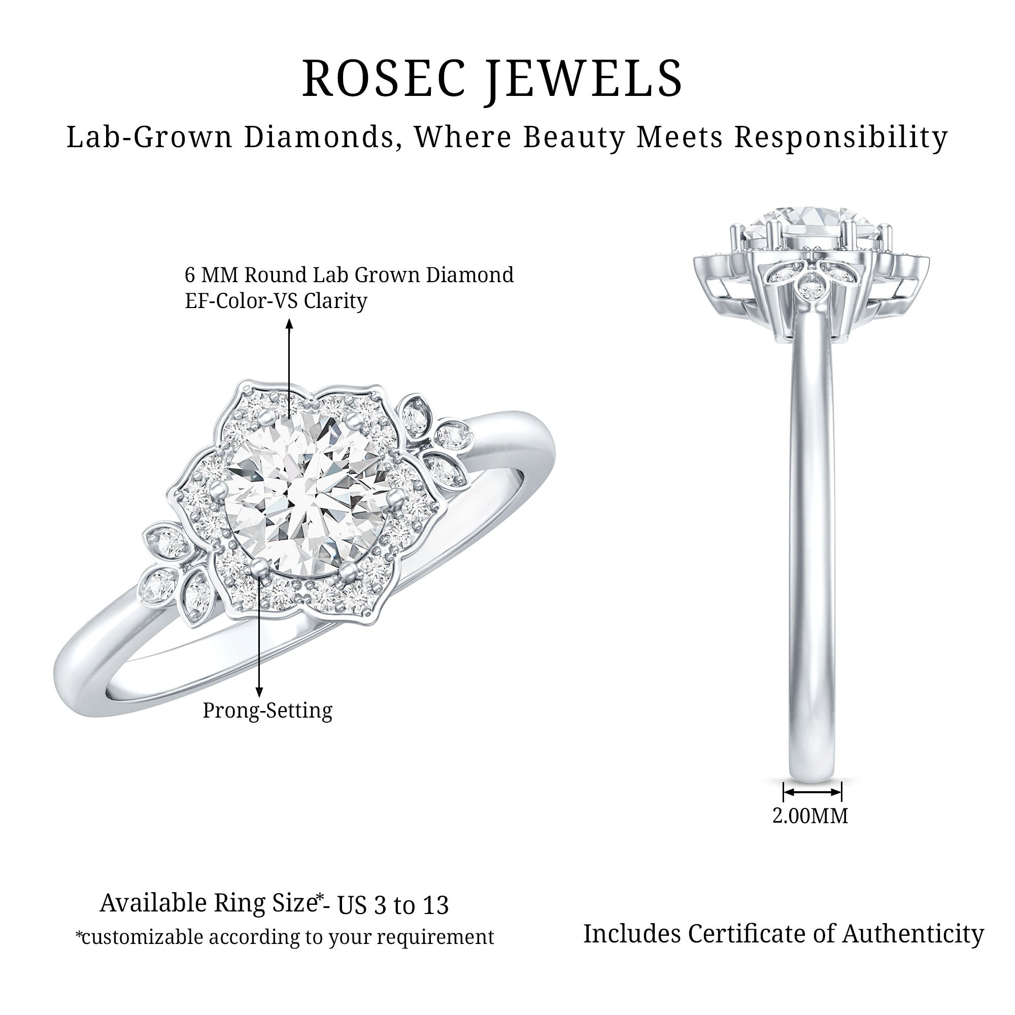 Rosec Jewels-Certified Lab Grown Diamond Art Deco Flower Engagement Ring