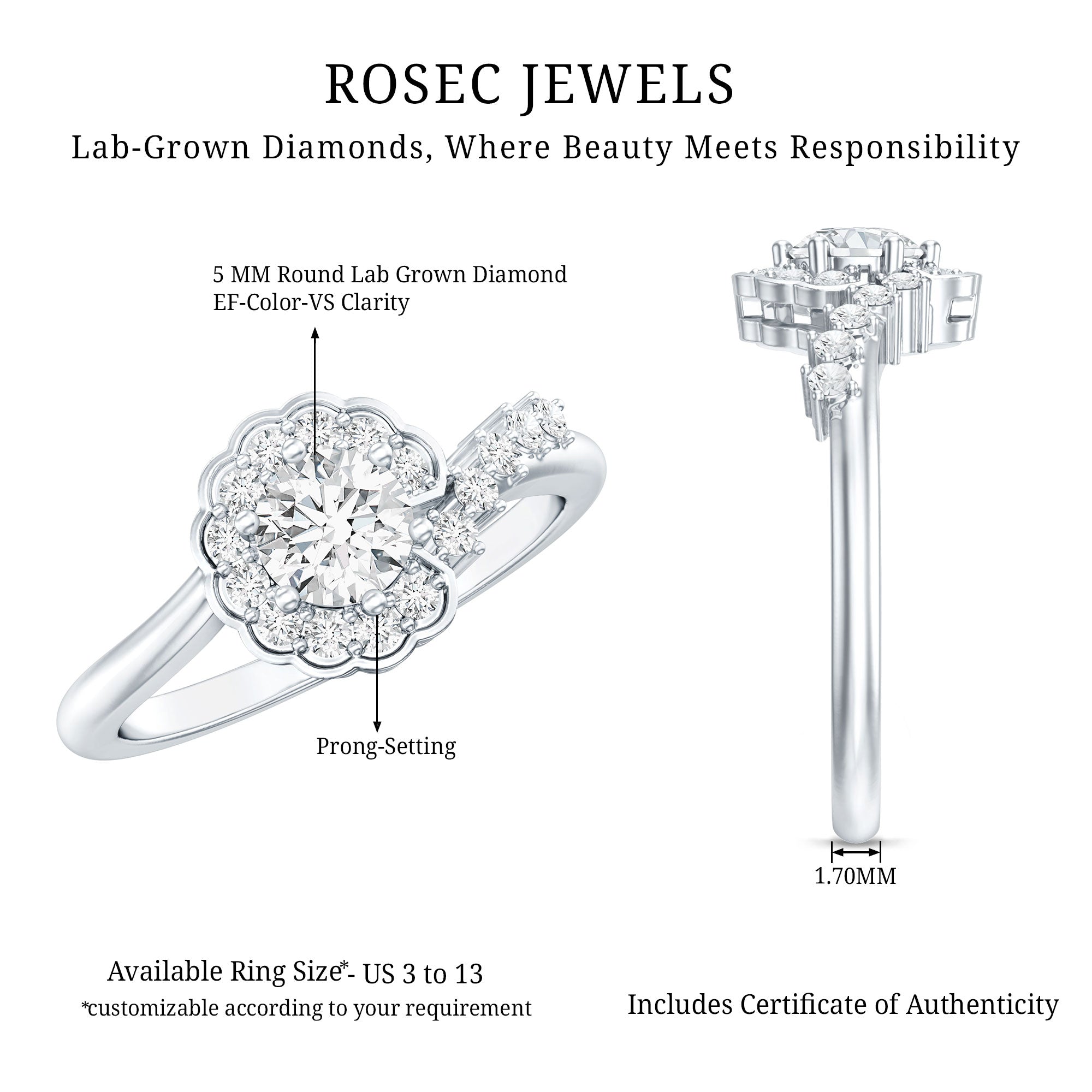 Certified 5 MM Lab Grown Diamond Nature Inspired Engagement Ring Lab - ( EF-VS ) - Rosec Jewels