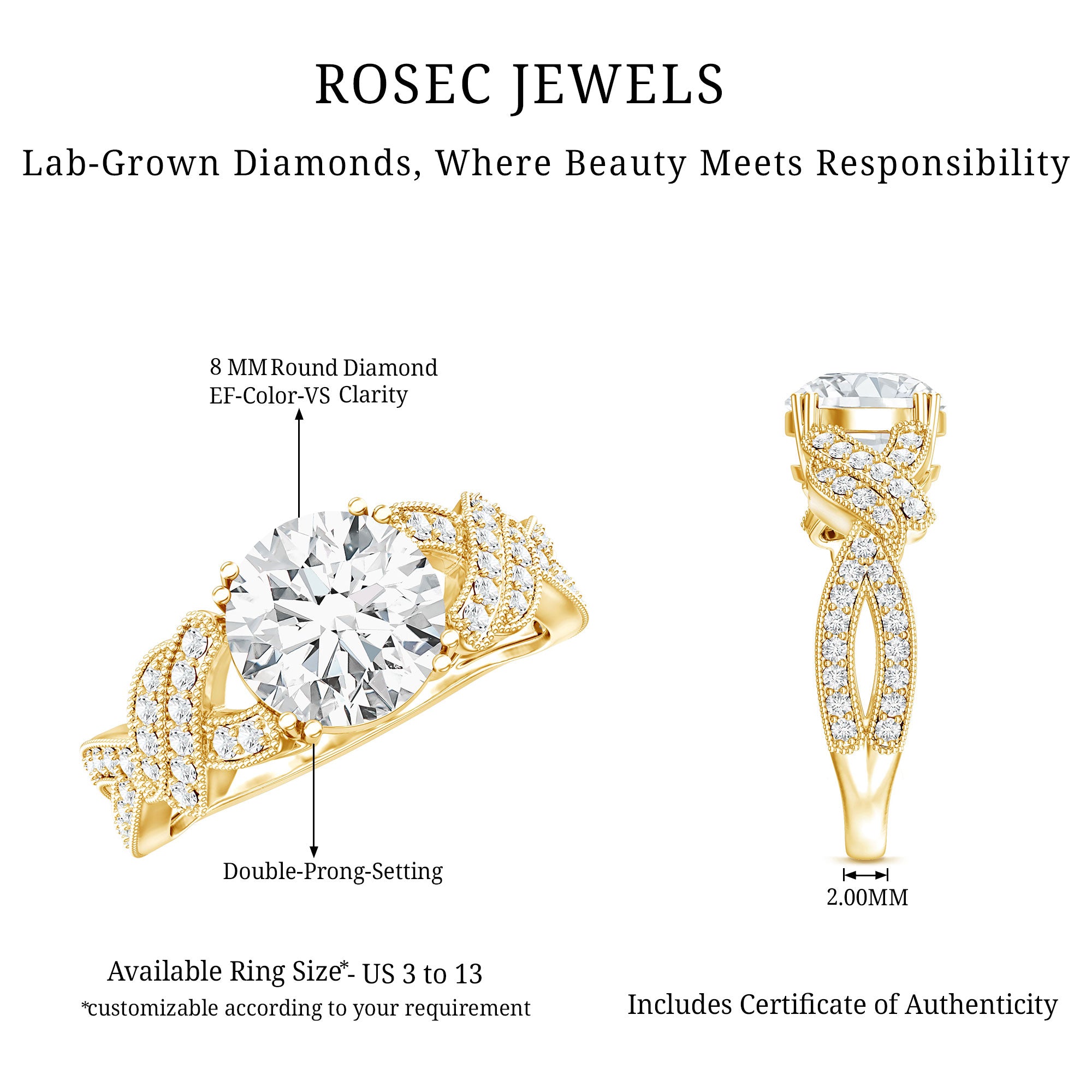 Rosec Jewels-8 MM Solitaire Lab Grown Diamond Non Traditional Engagement Ring
