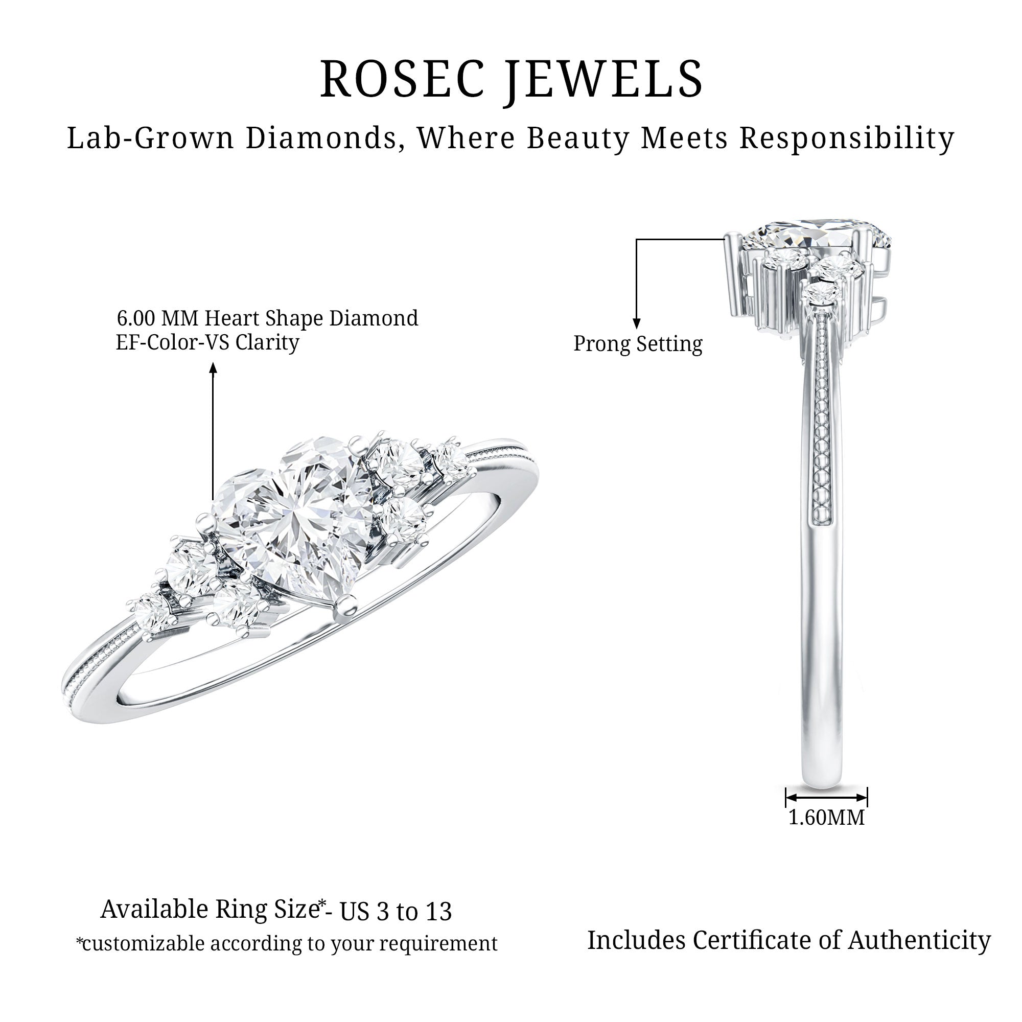 Lab Grown Diamond 6 MM Heart Shaped Engagement Ring Lab - ( EF-VS ) - Rosec Jewels