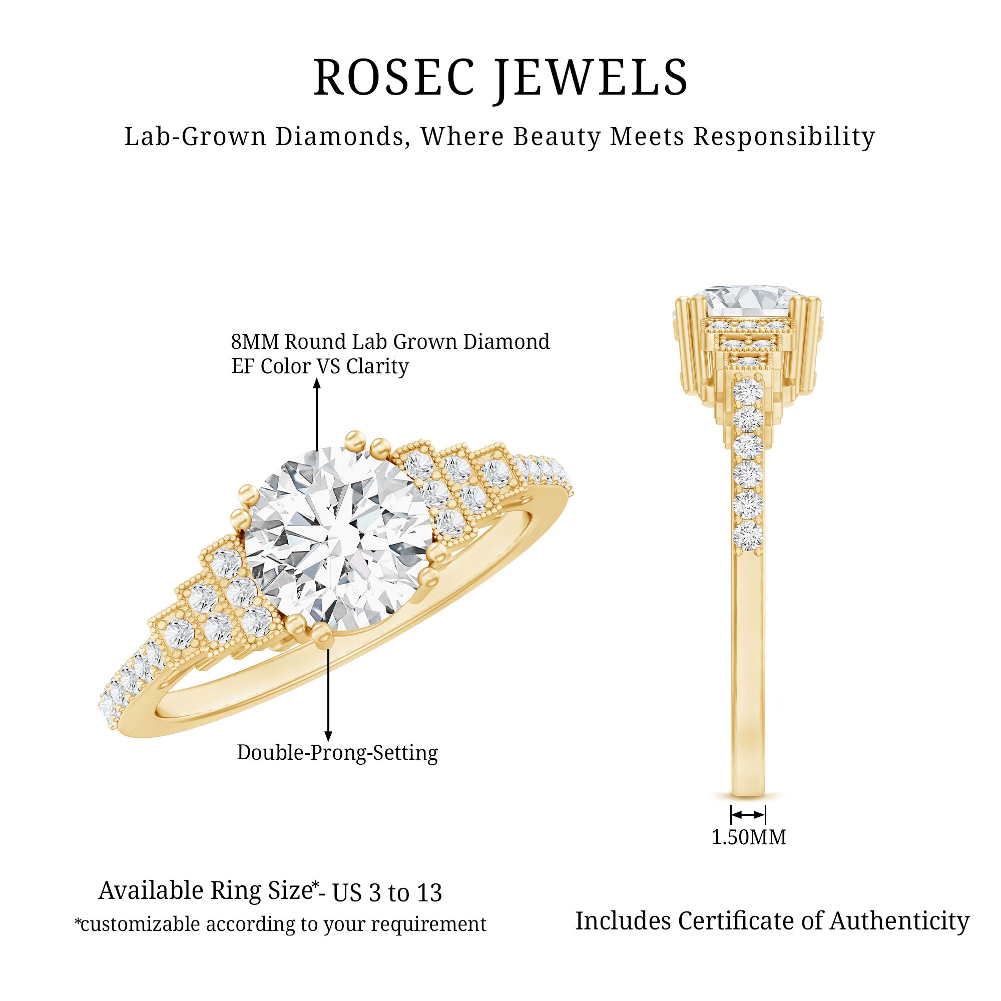 8 MM Lab Grown Diamond Retro Engagement Ring Lab - ( EF-VS ) - Rosec Jewels