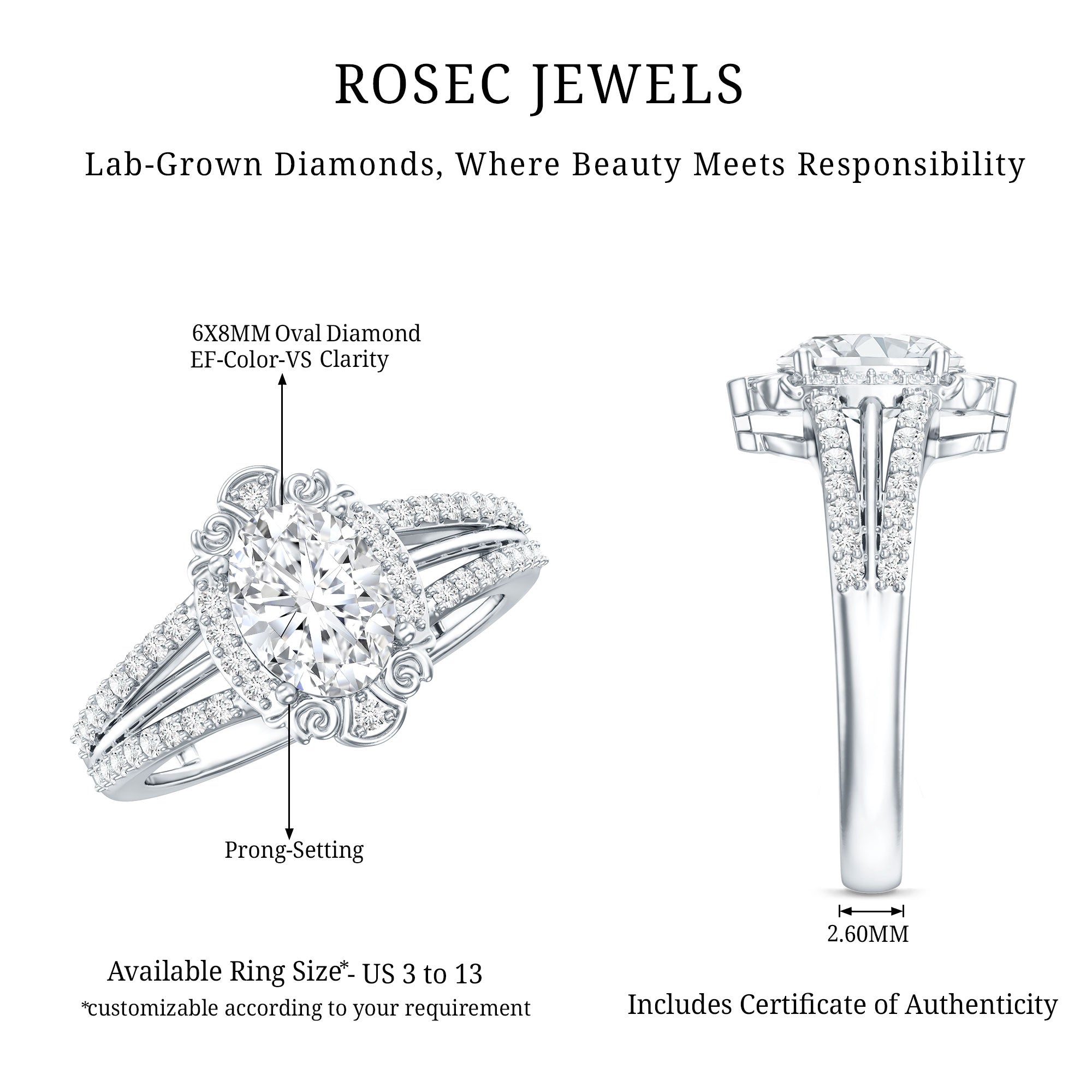 6X8 MM Oval Lab Grown Diamond Vintage Engagement Ring For Women Lab - ( EF-VS ) - Rosec Jewels