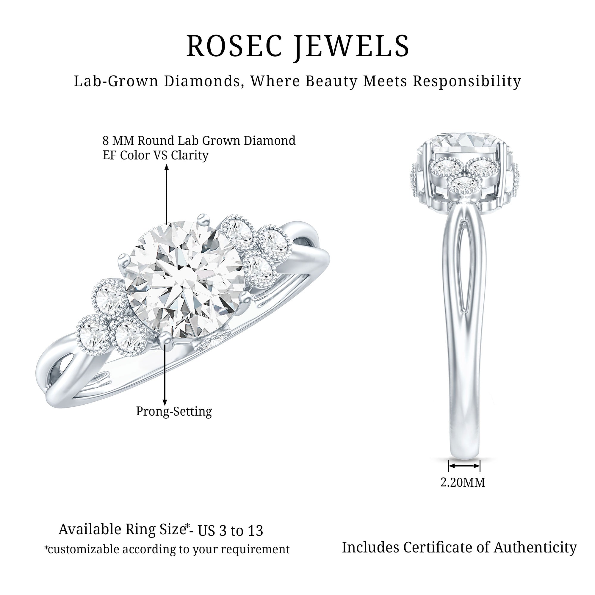 2 Carat Solitaire Lab Diamond Engagement Ring With Diamond Trio Lab - ( EF-VS ) - Rosec Jewels